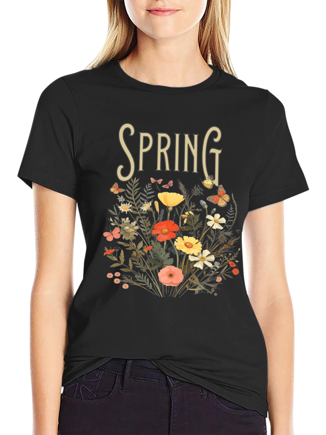 Camiseta Negra Primavera Floral para Hombre