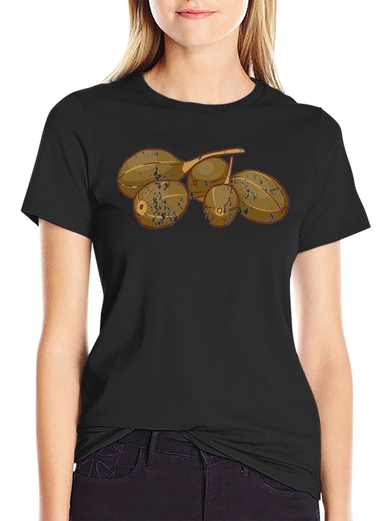 Camiseta Negra con Diseño de Frutas Tropicales