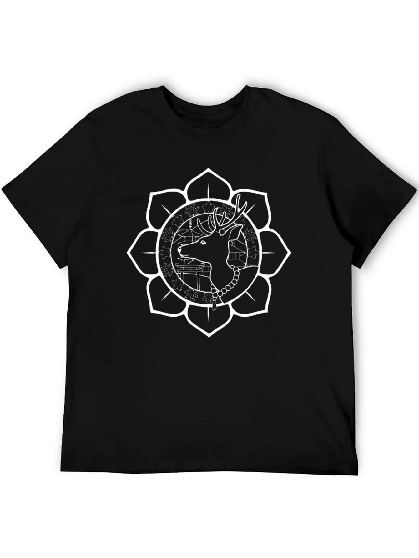 Camiseta Negra con Diseño Floral de Ciervo Estilizado