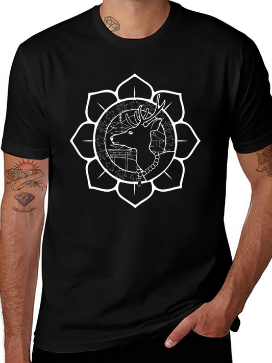 Camiseta Negra con Diseño Floral de Ciervo Estilizado