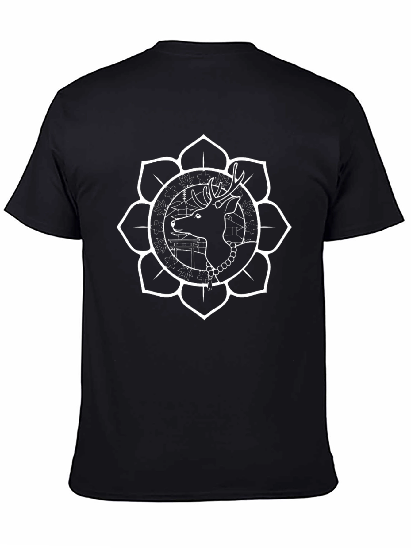Camiseta Negra con Diseño Floral de Ciervo Estilizado
