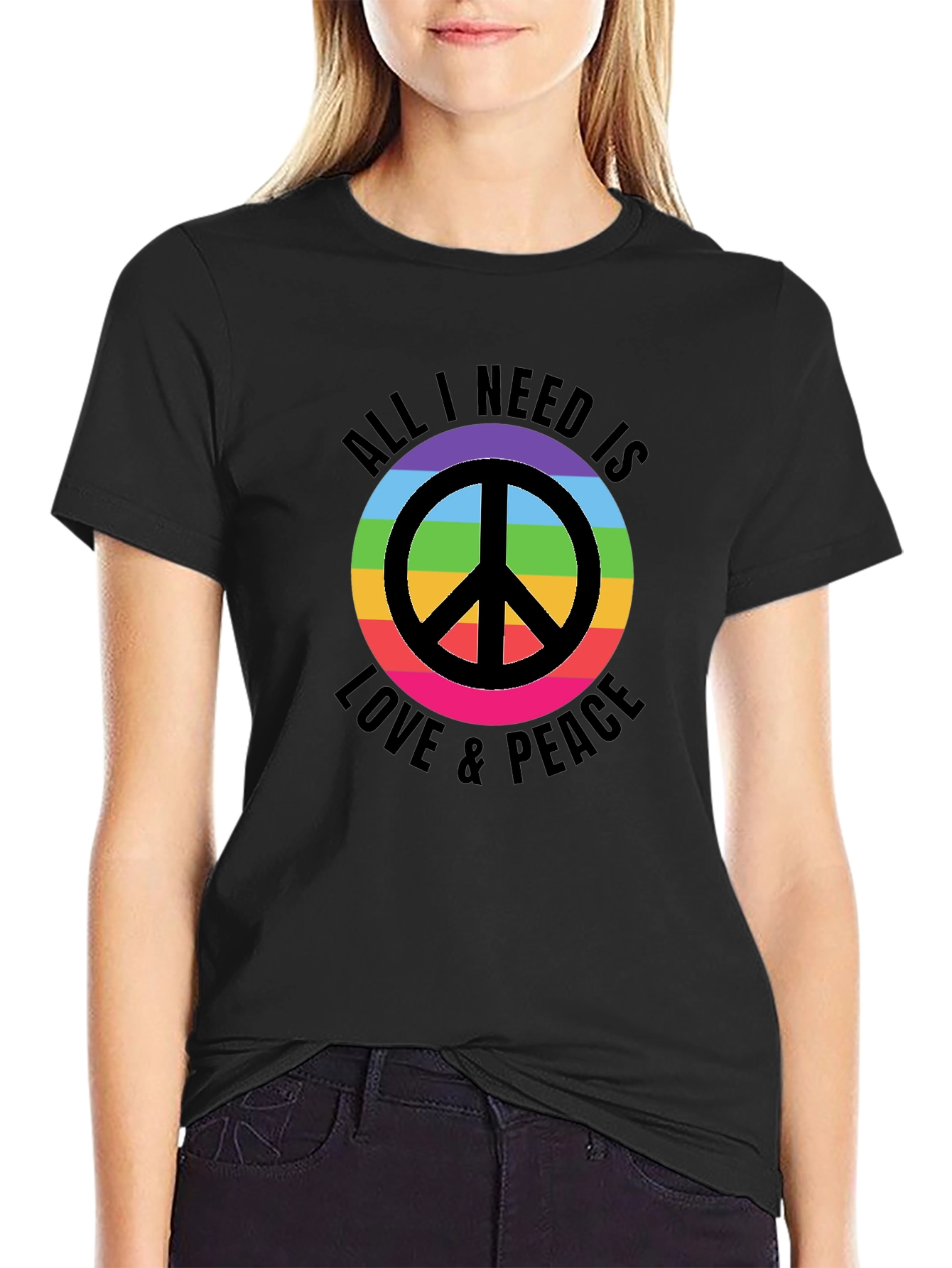 Camiseta Negra con Diseño de Paz y Amor