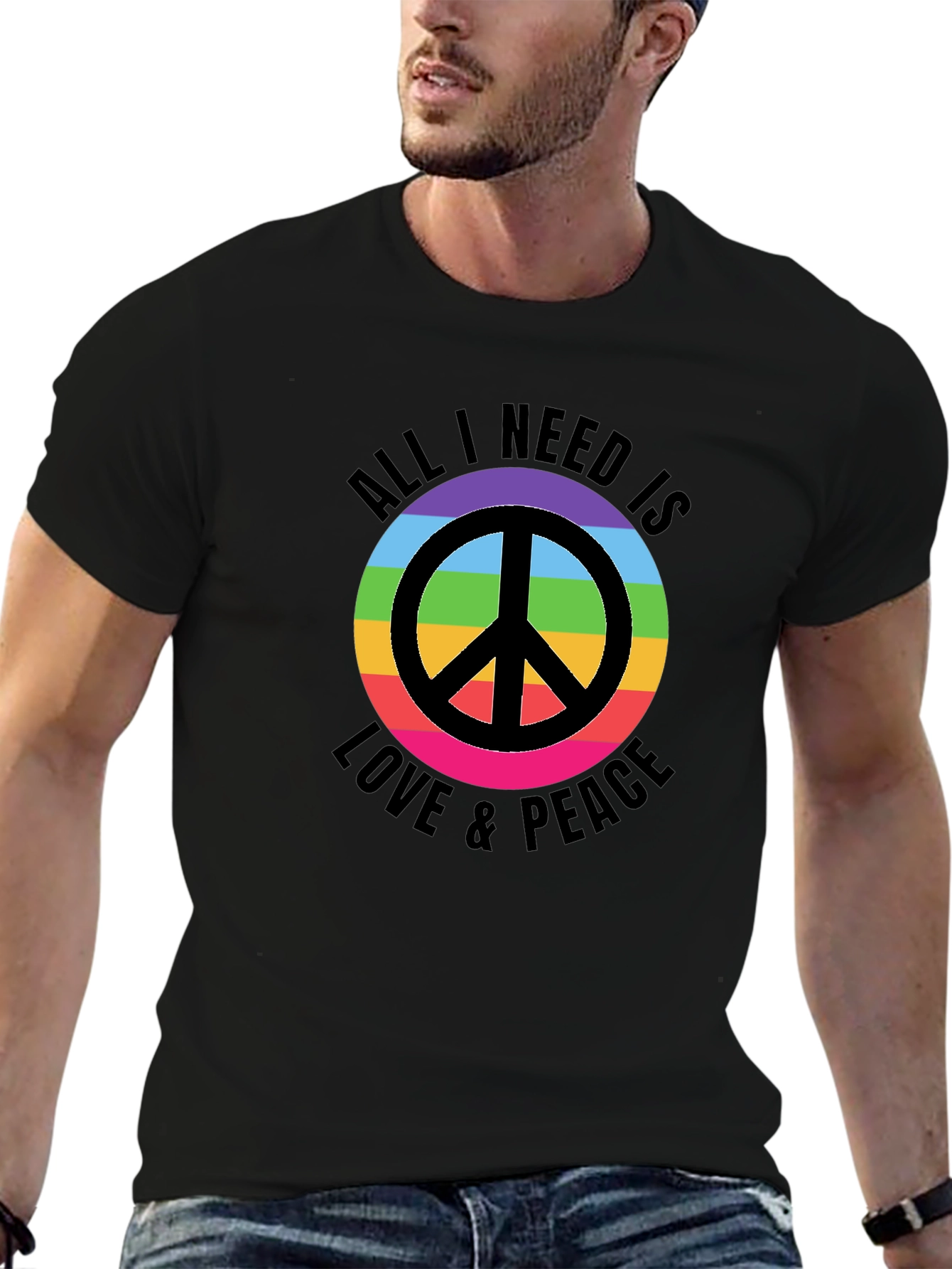 Camiseta Negra con Diseño de Paz y Amor