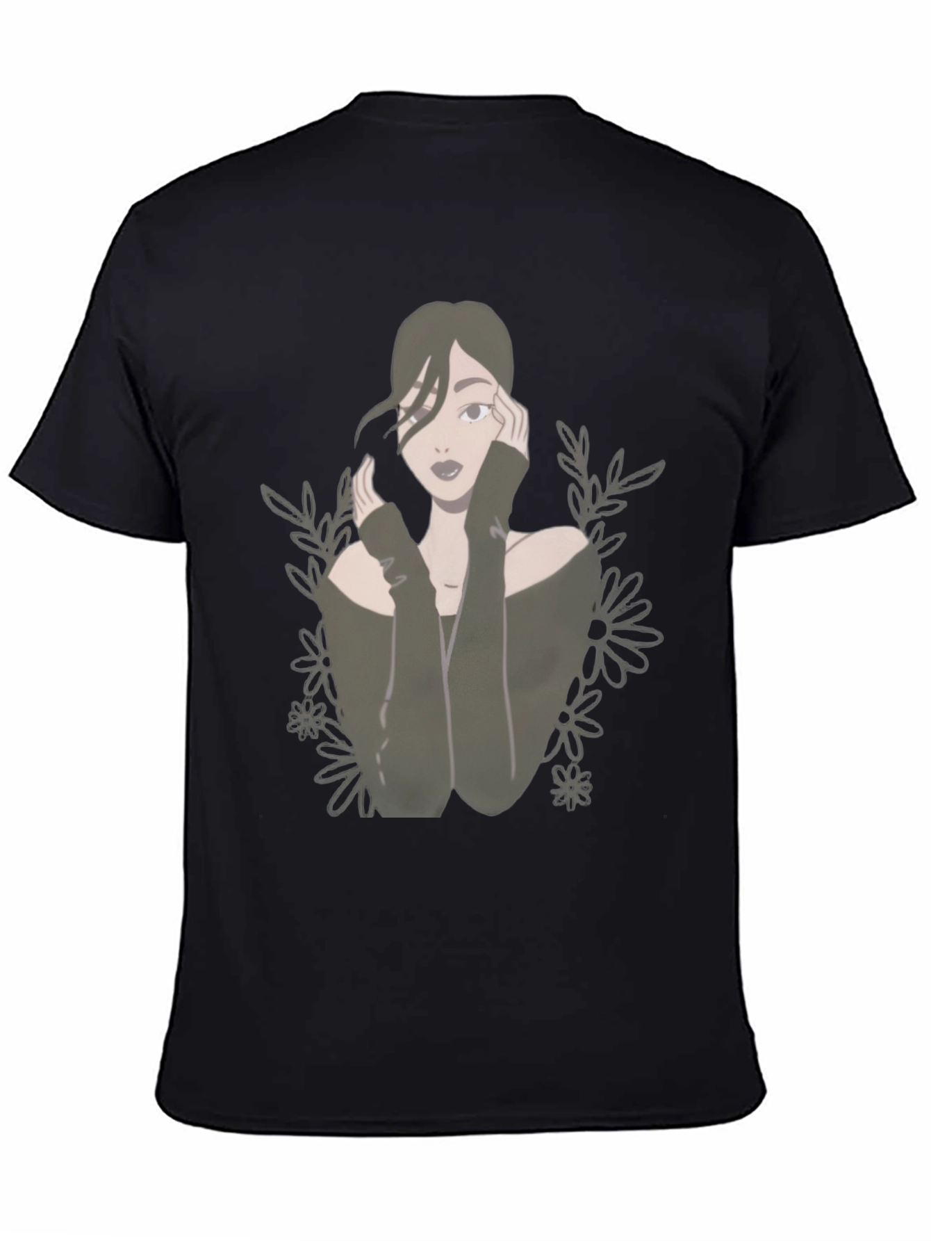 Camiseta Negra con Diseño de Mujer Floral