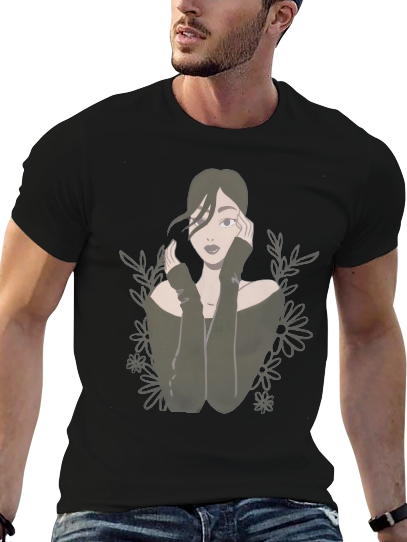 Camiseta Negra con Diseño de Mujer Floral
