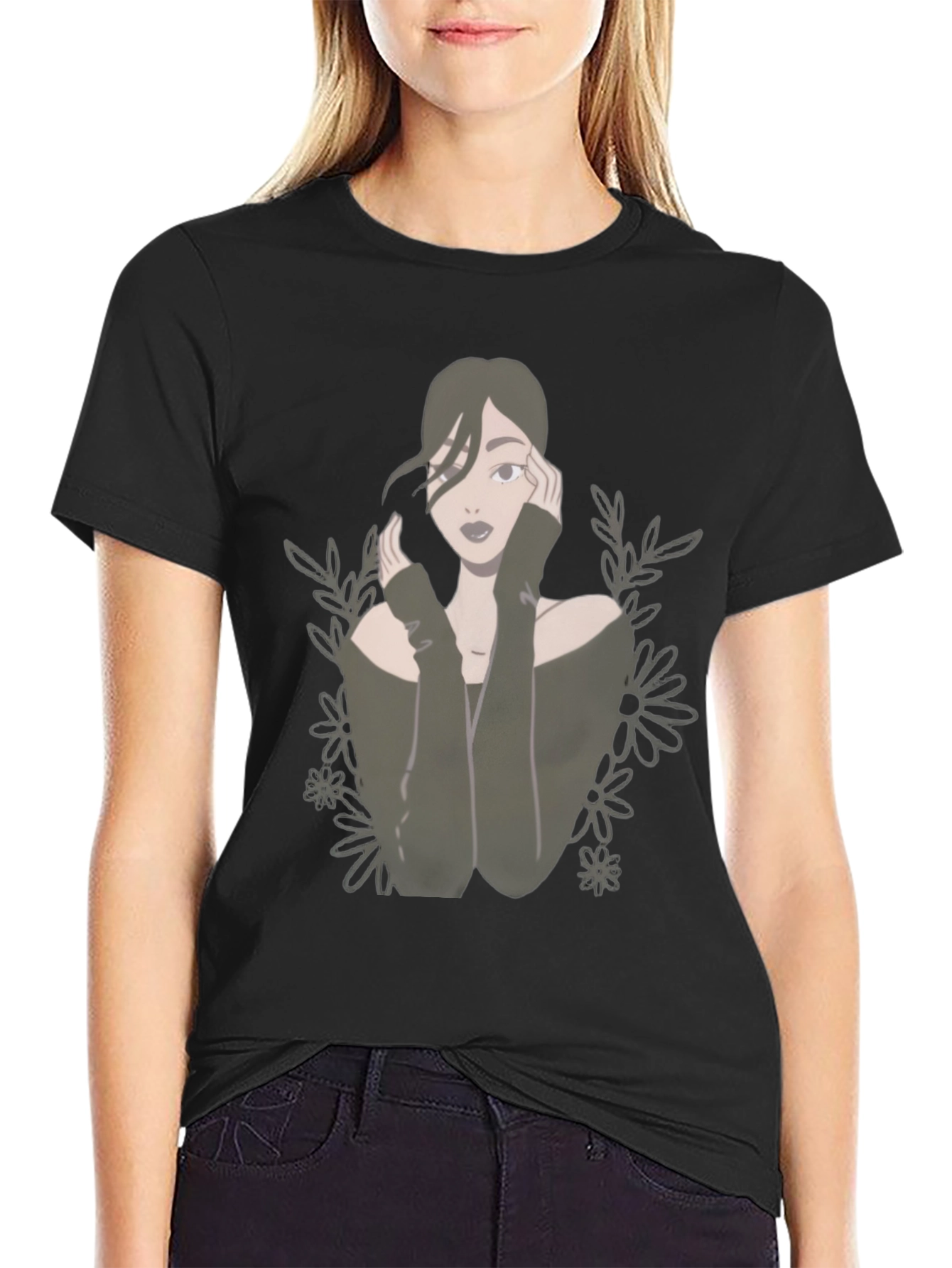 Camiseta Negra con Diseño de Mujer Floral