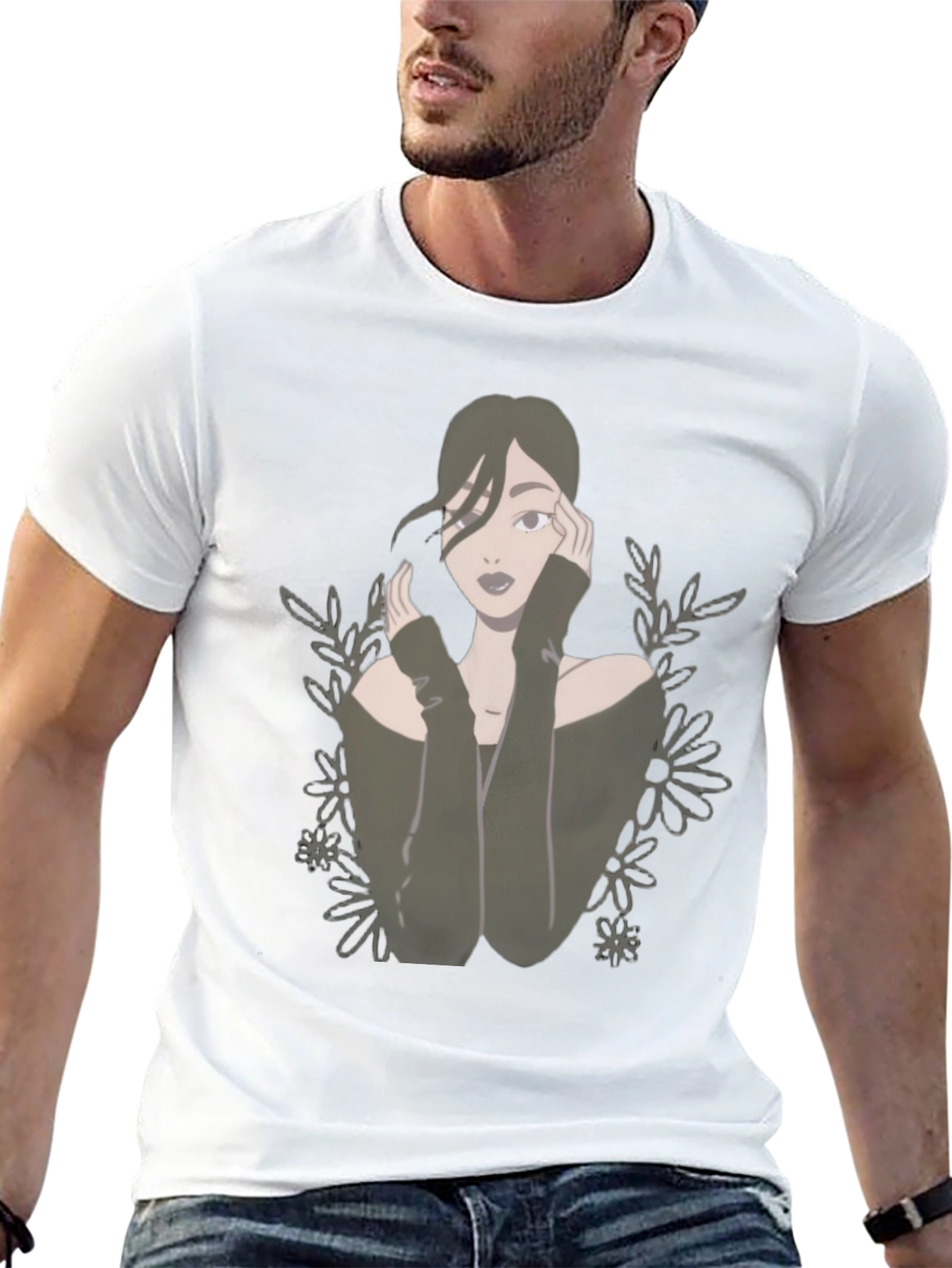 Camiseta Negra con Diseño de Mujer Floral