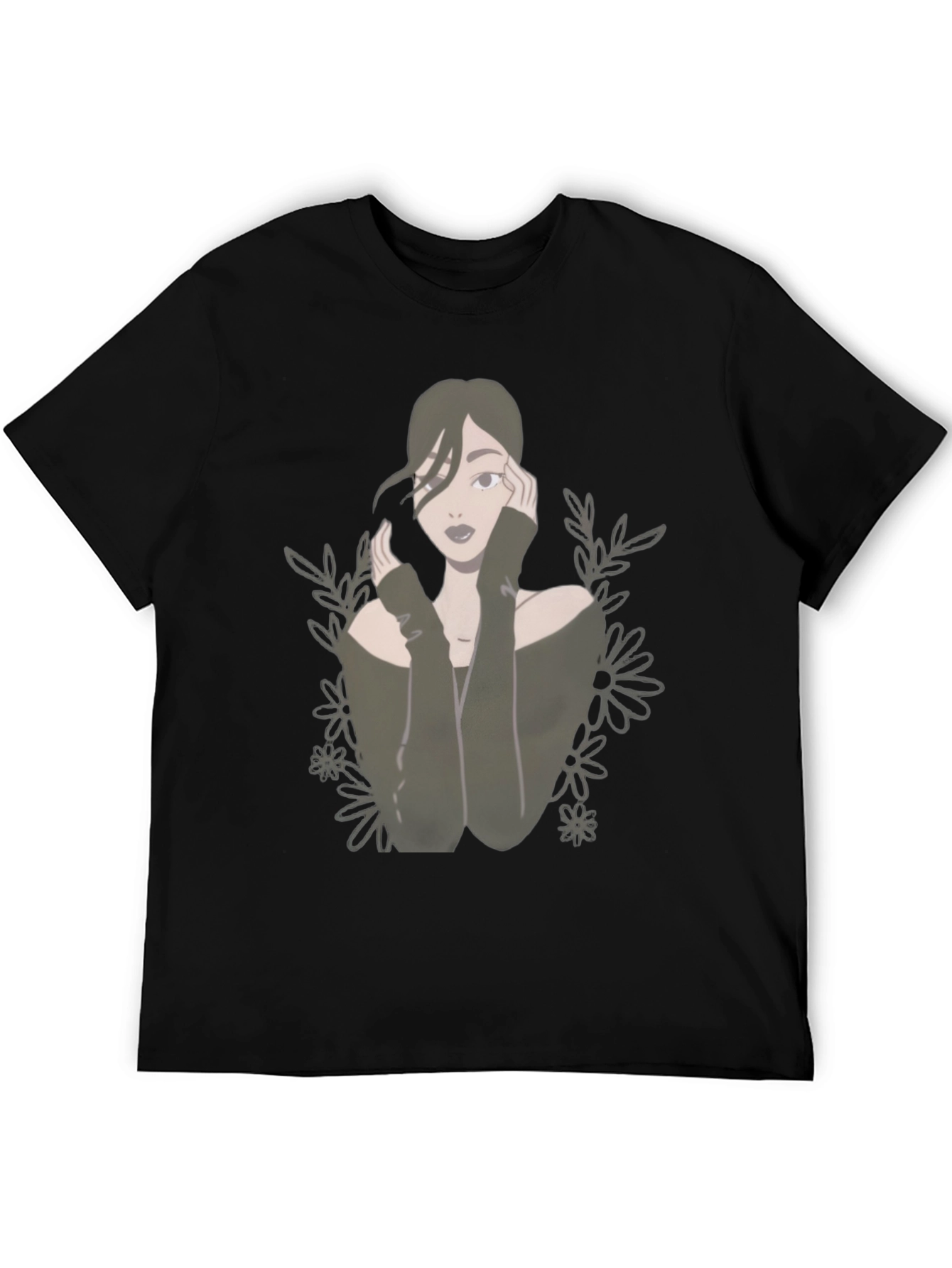 Camiseta Negra con Diseño de Mujer Floral