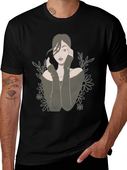 Camiseta Negra con Diseño de Mujer Floral
