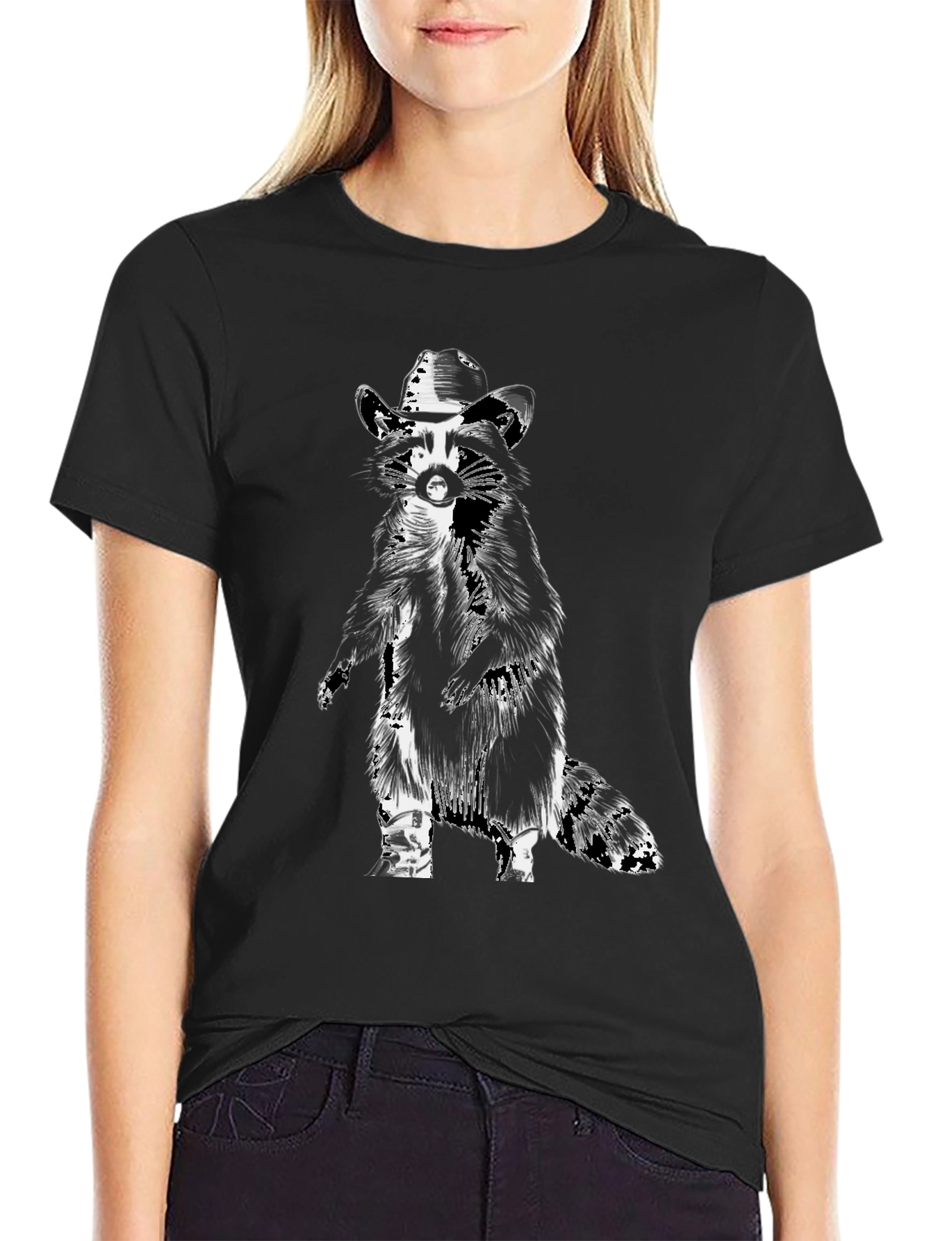 Camiseta Negra con Diseño de Mapache Vaquero