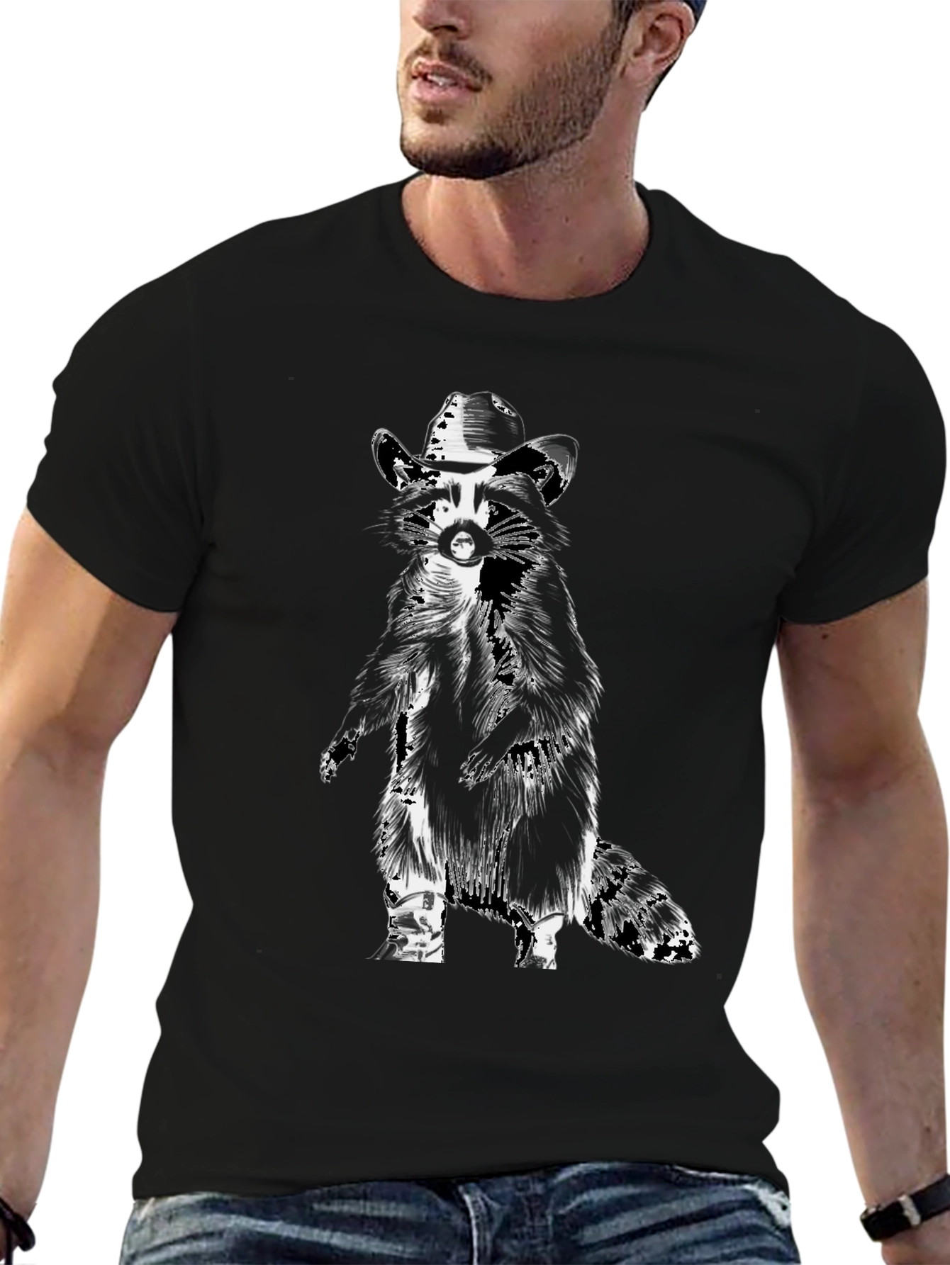 Camiseta Negra con Diseño de Mapache Vaquero