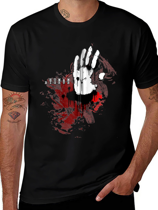 Camiseta Negra con Diseño de Mano y Derechos Humanos
