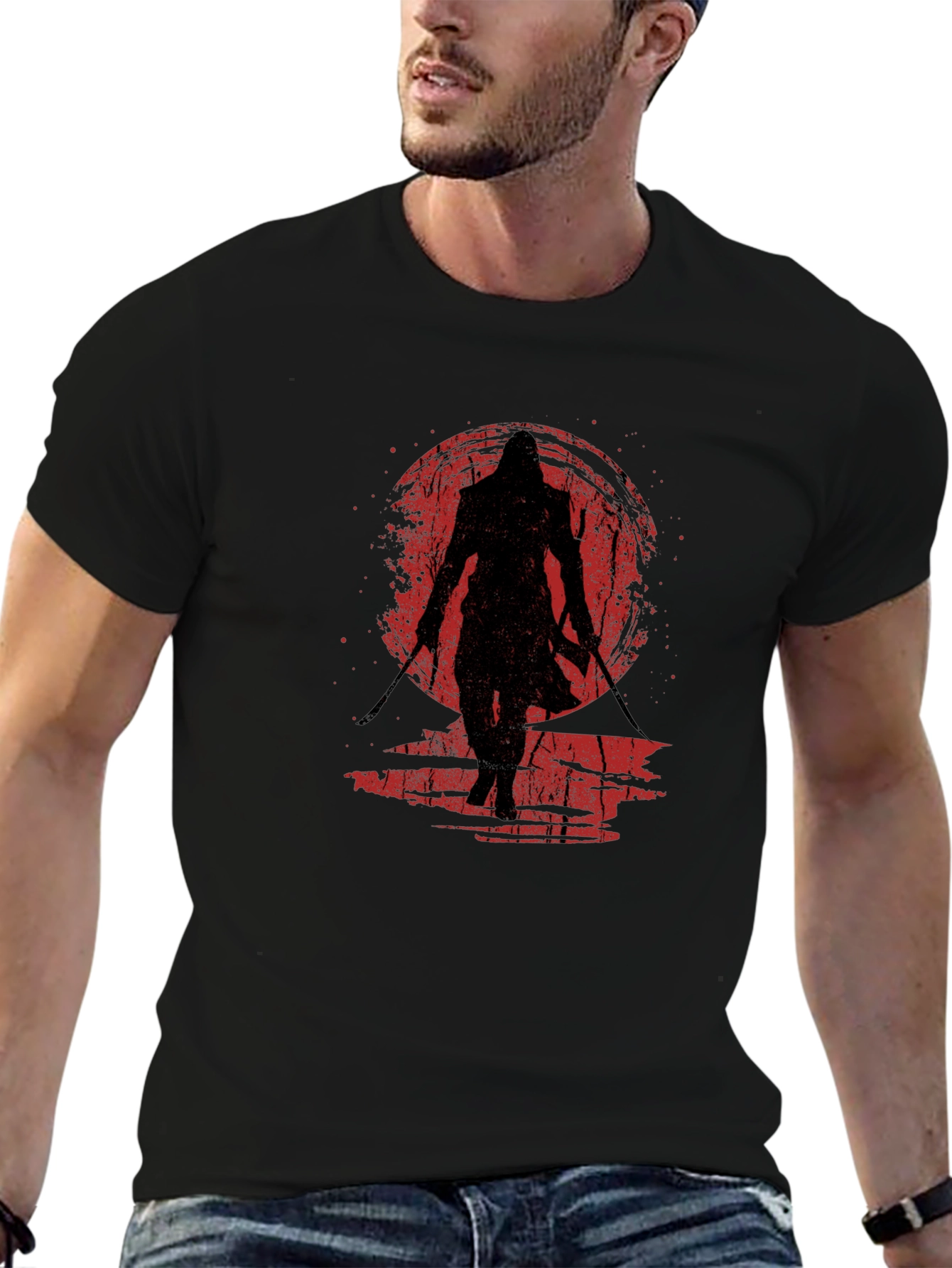 Camiseta Negra Ninja Guerrero Sol Rojo