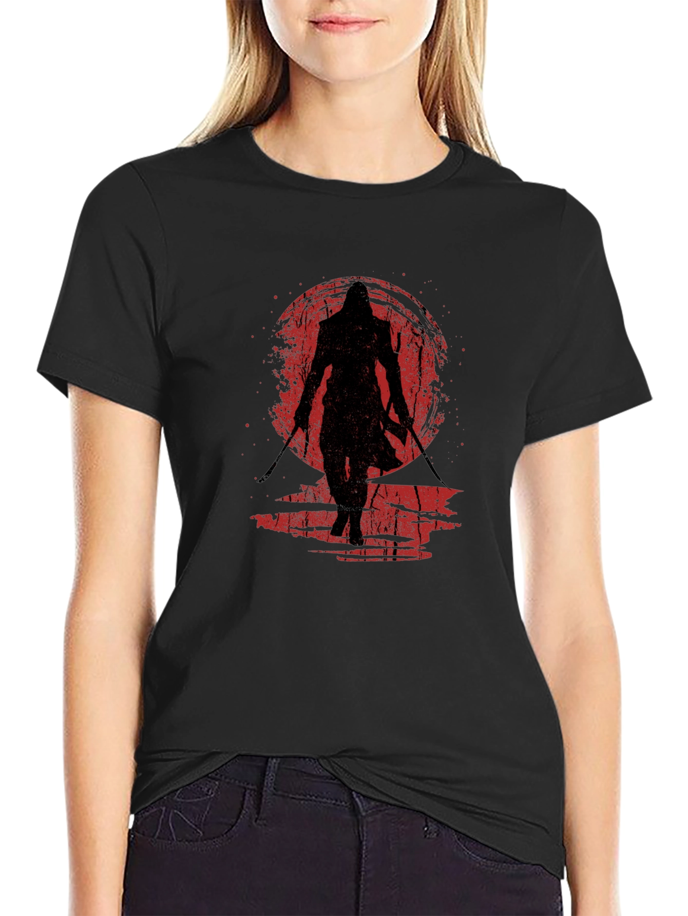 Camiseta Negra Ninja Guerrero Sol Rojo