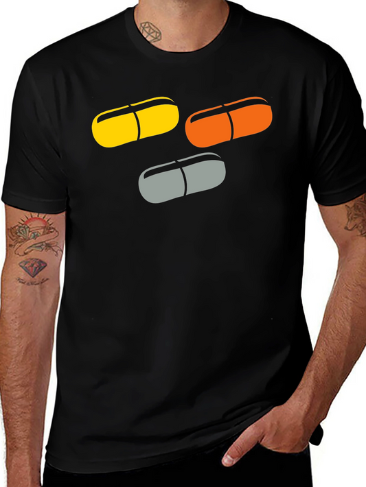 Camiseta Negra con Diseño de Cápsulas de Colores