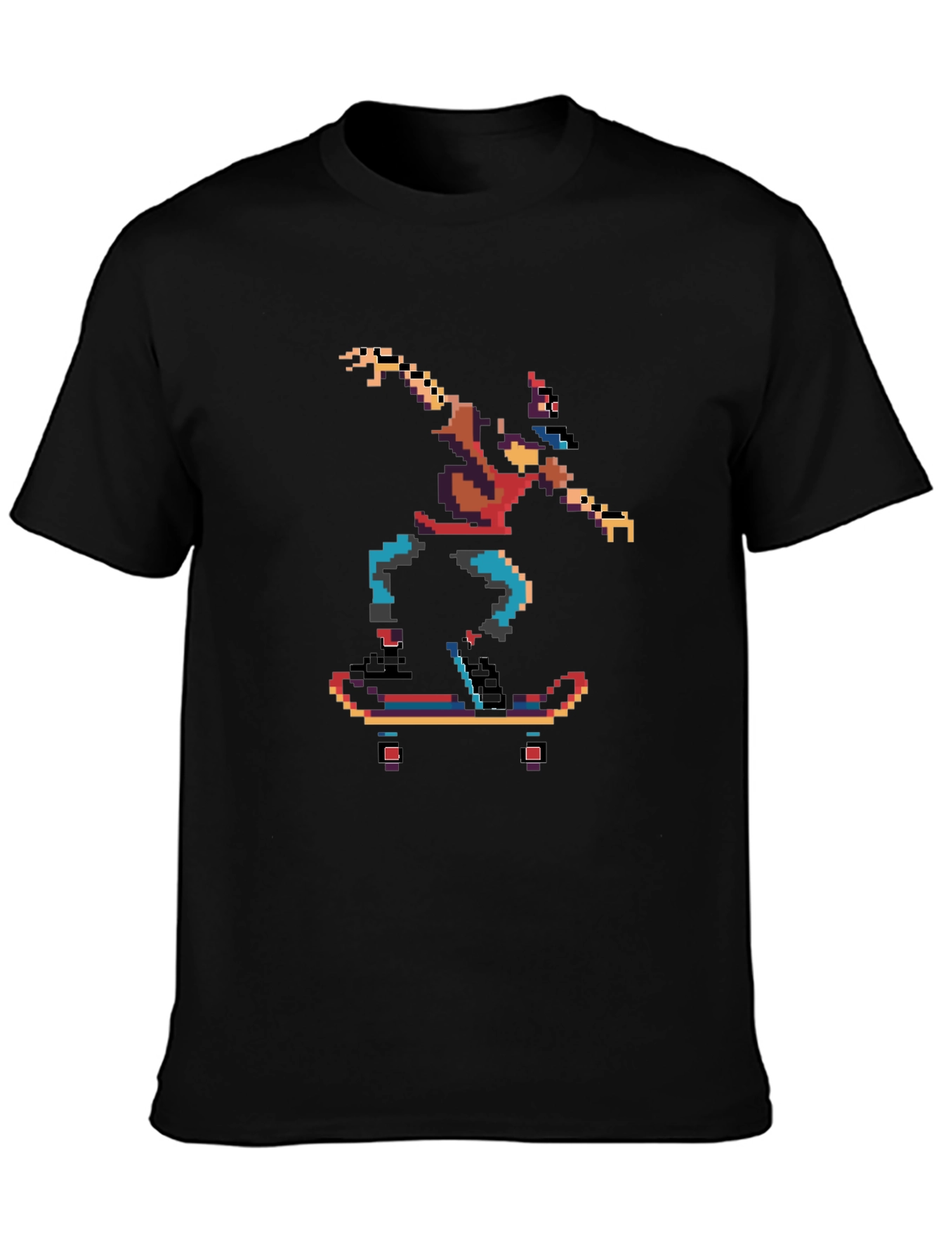 Camiseta Negra con Diseño Pixelado de Skateboarder