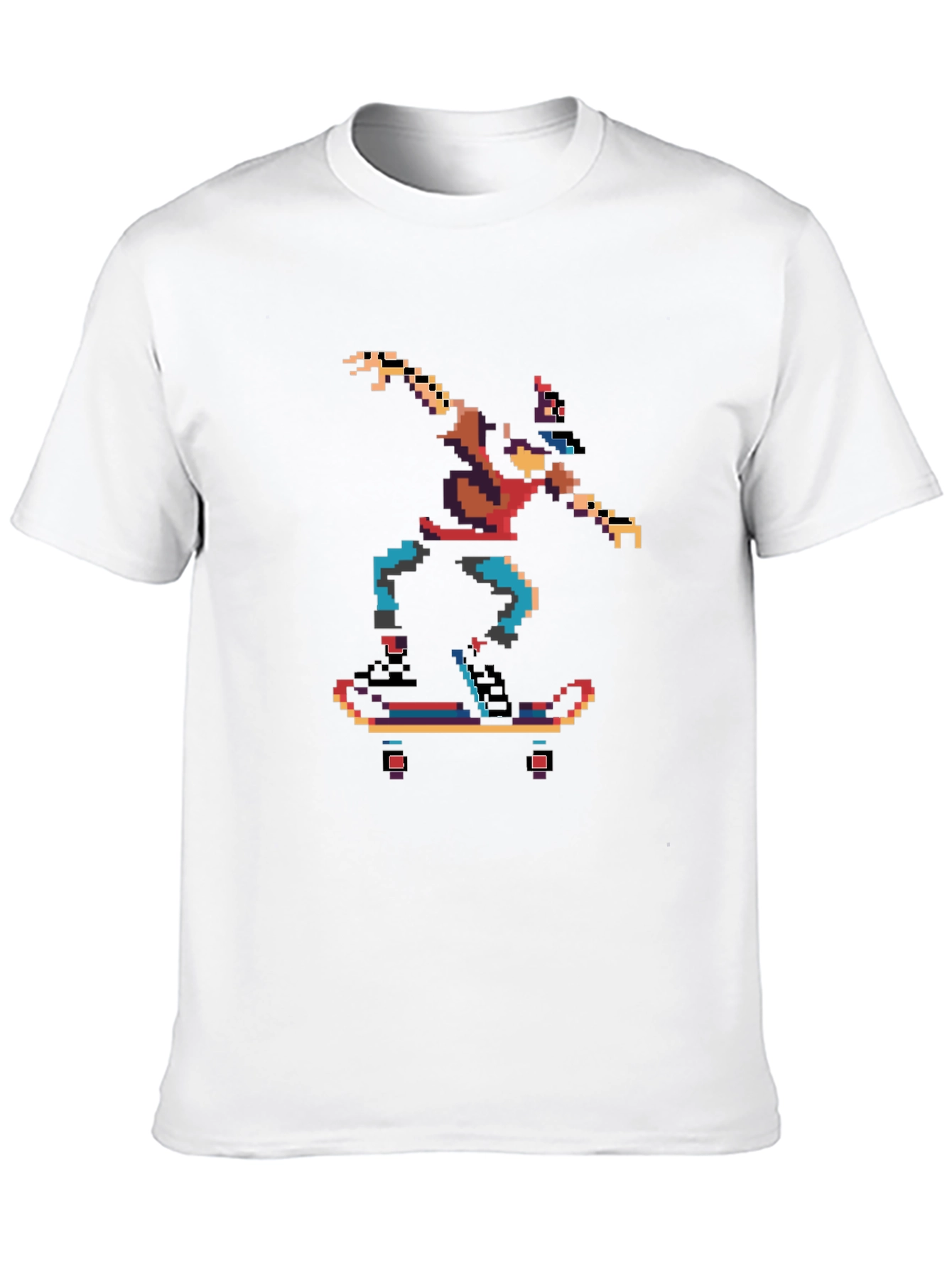 Camiseta Negra con Diseño Pixelado de Skateboarder