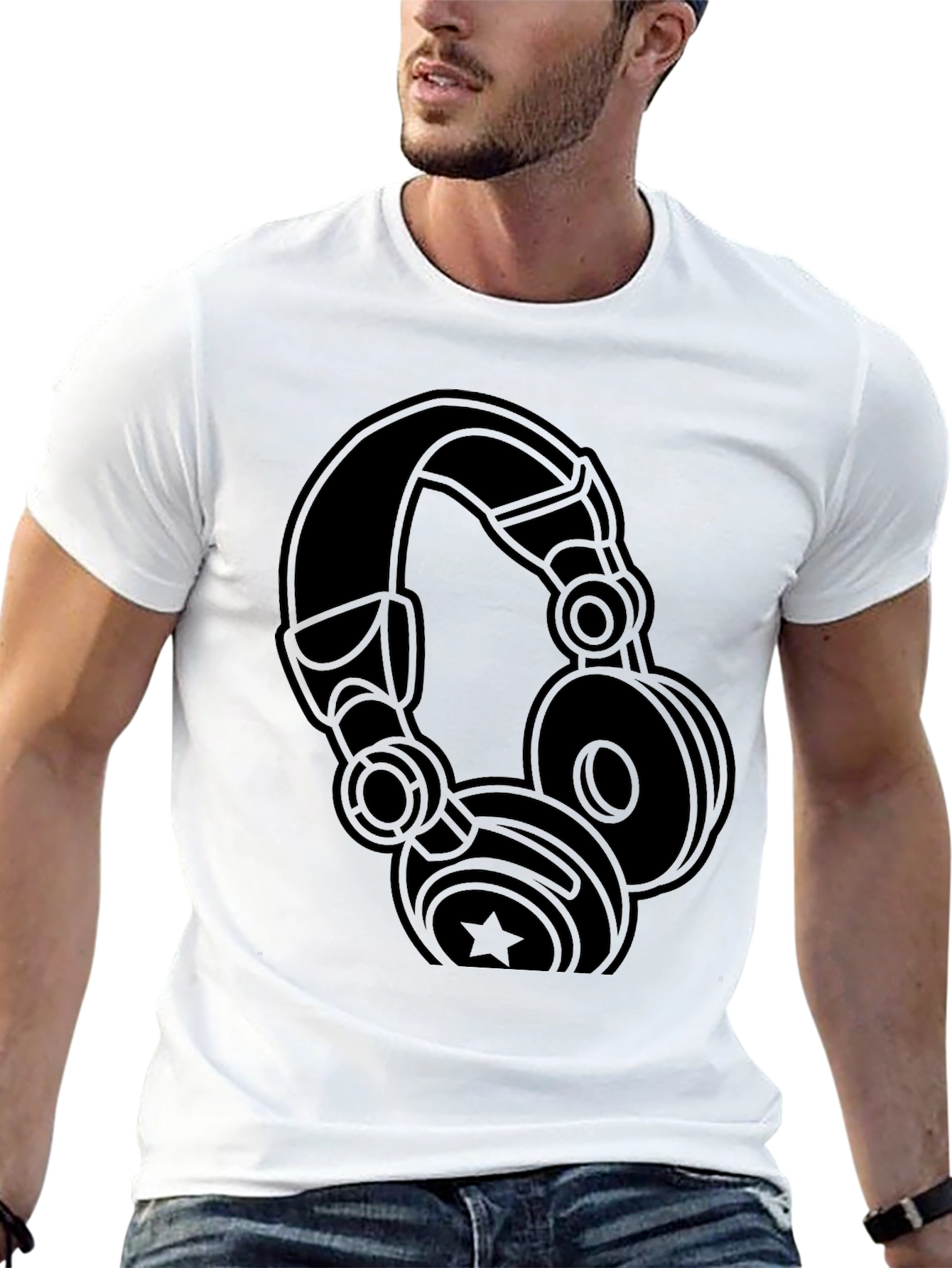 Camiseta Negra con Diseño de Audífonos Estilizados