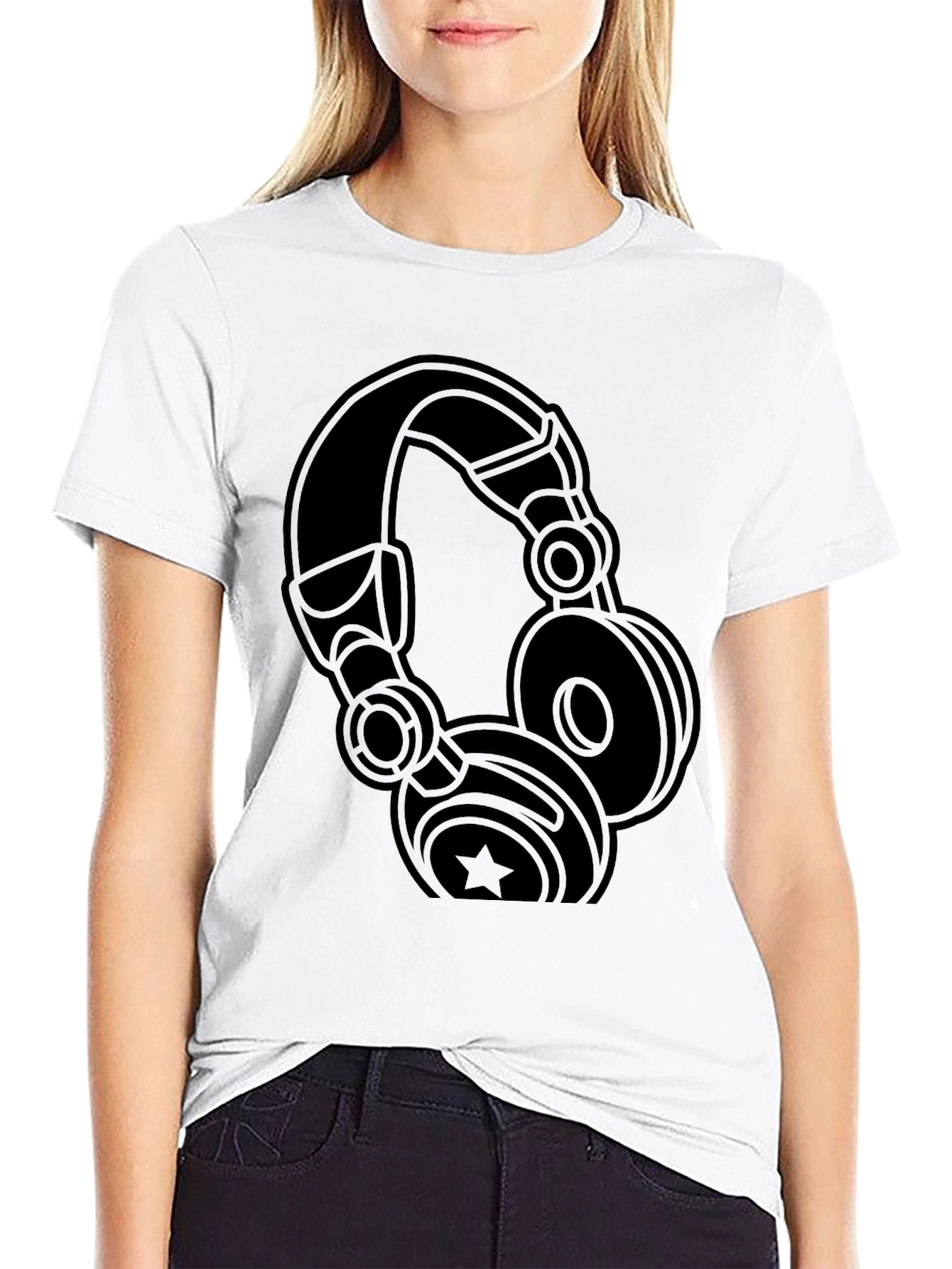 Camiseta Negra con Diseño de Audífonos Estilizados