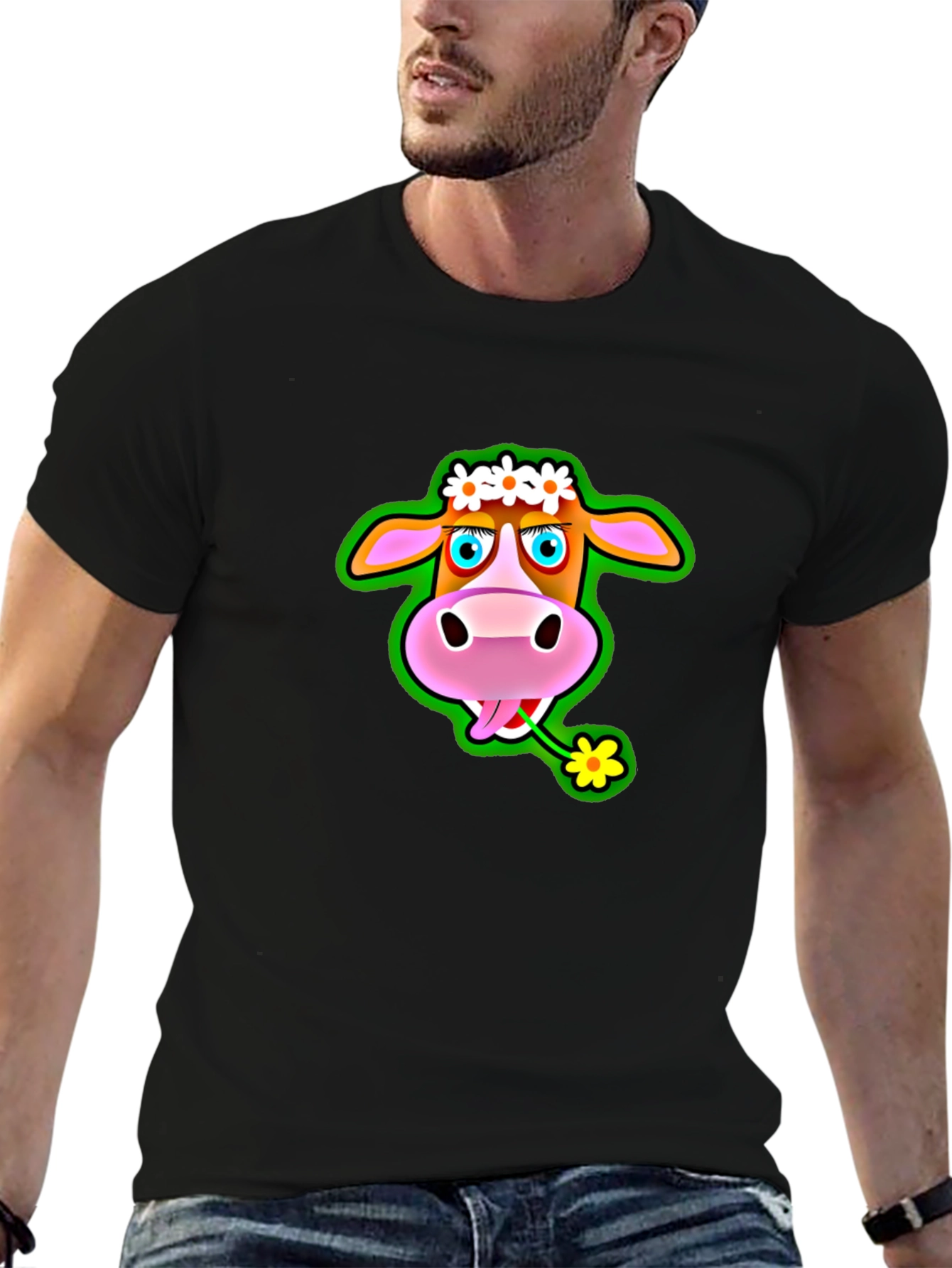 Camiseta Negra con Estampado de Vaca Divertida