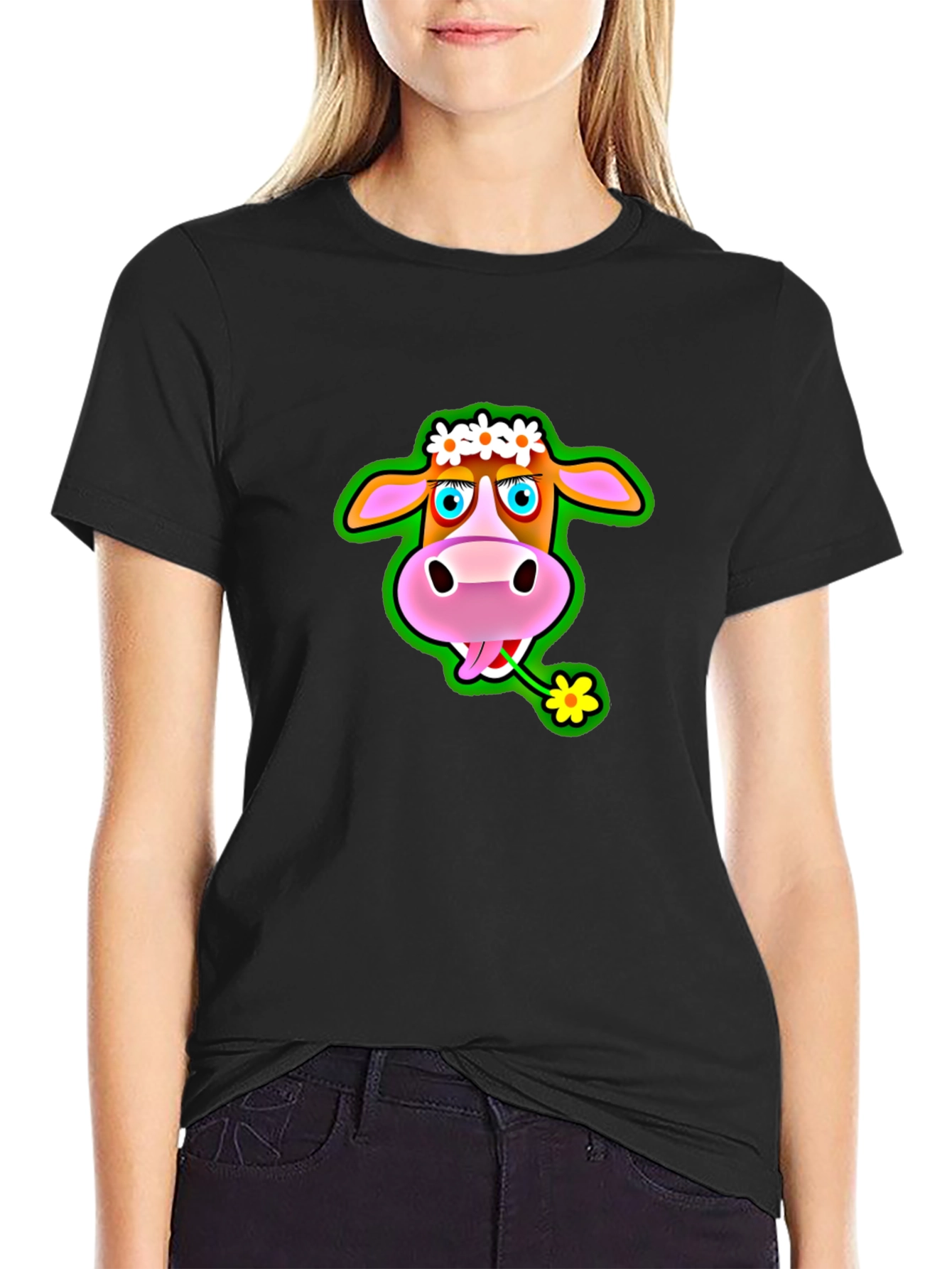 Camiseta Negra con Estampado de Vaca Divertida