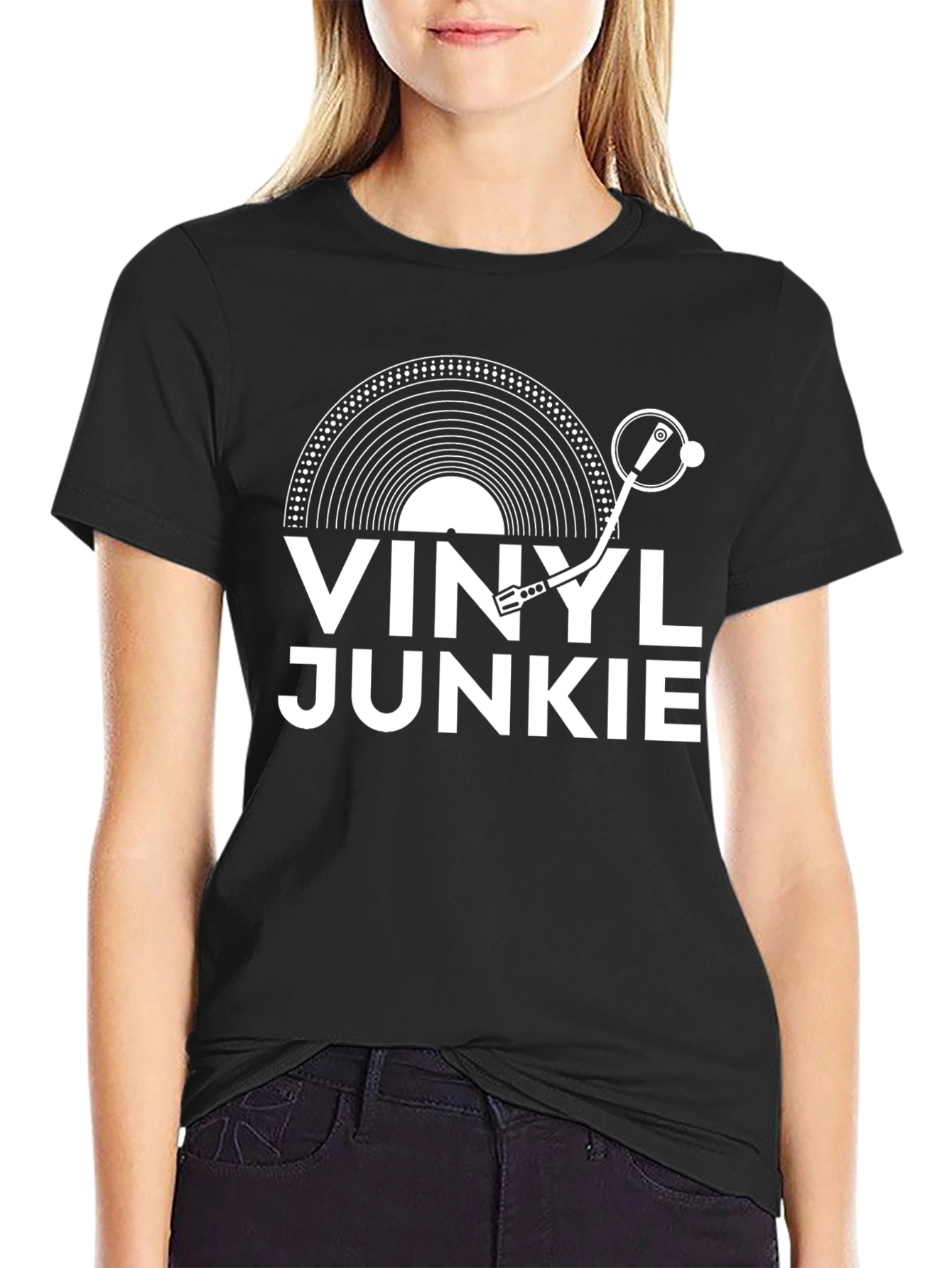 Camiseta Negra Vinyl Junkie para Amantes de la Música