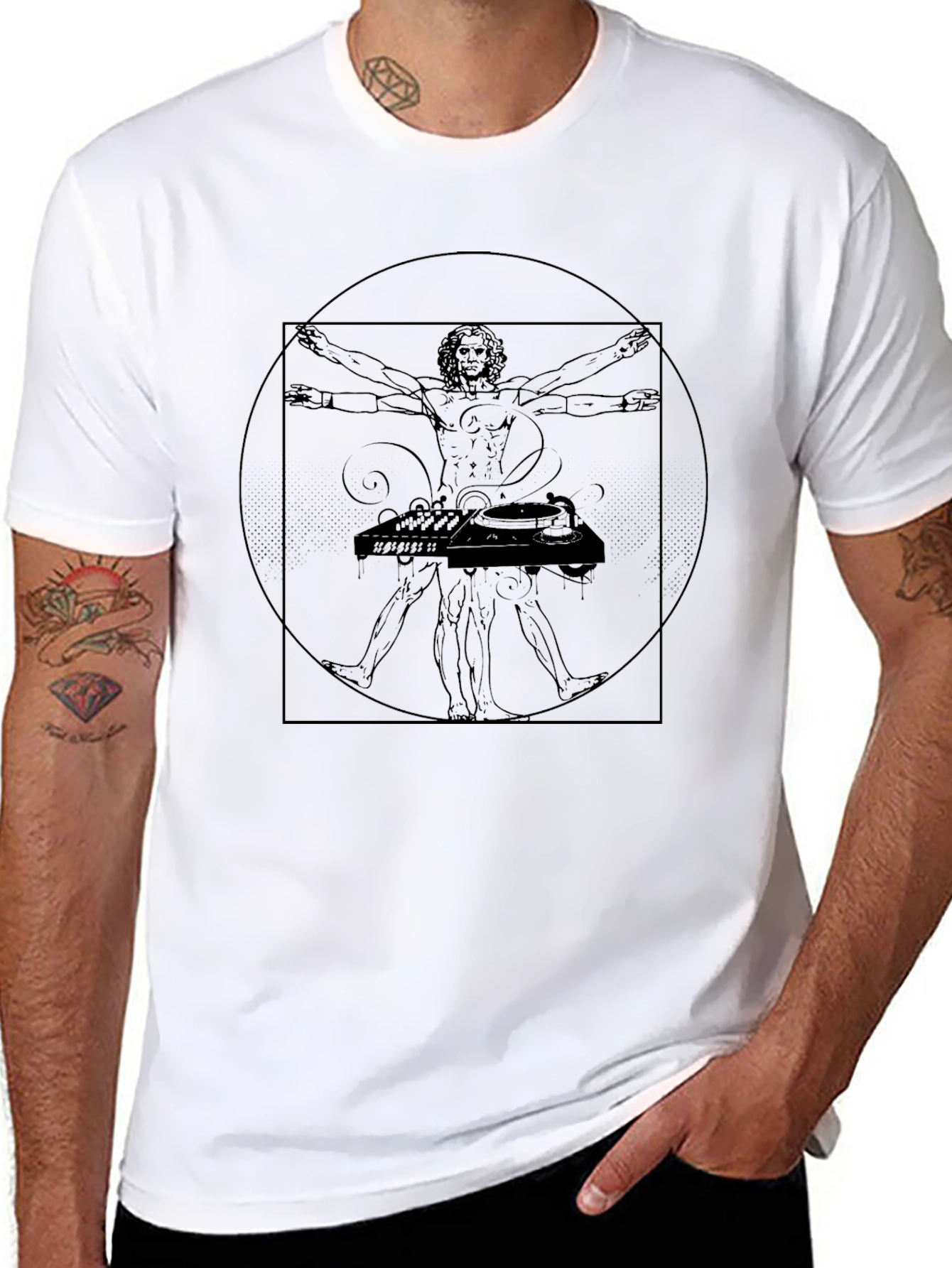 Camiseta Negra Hombre Diseño Vitruvio DJ