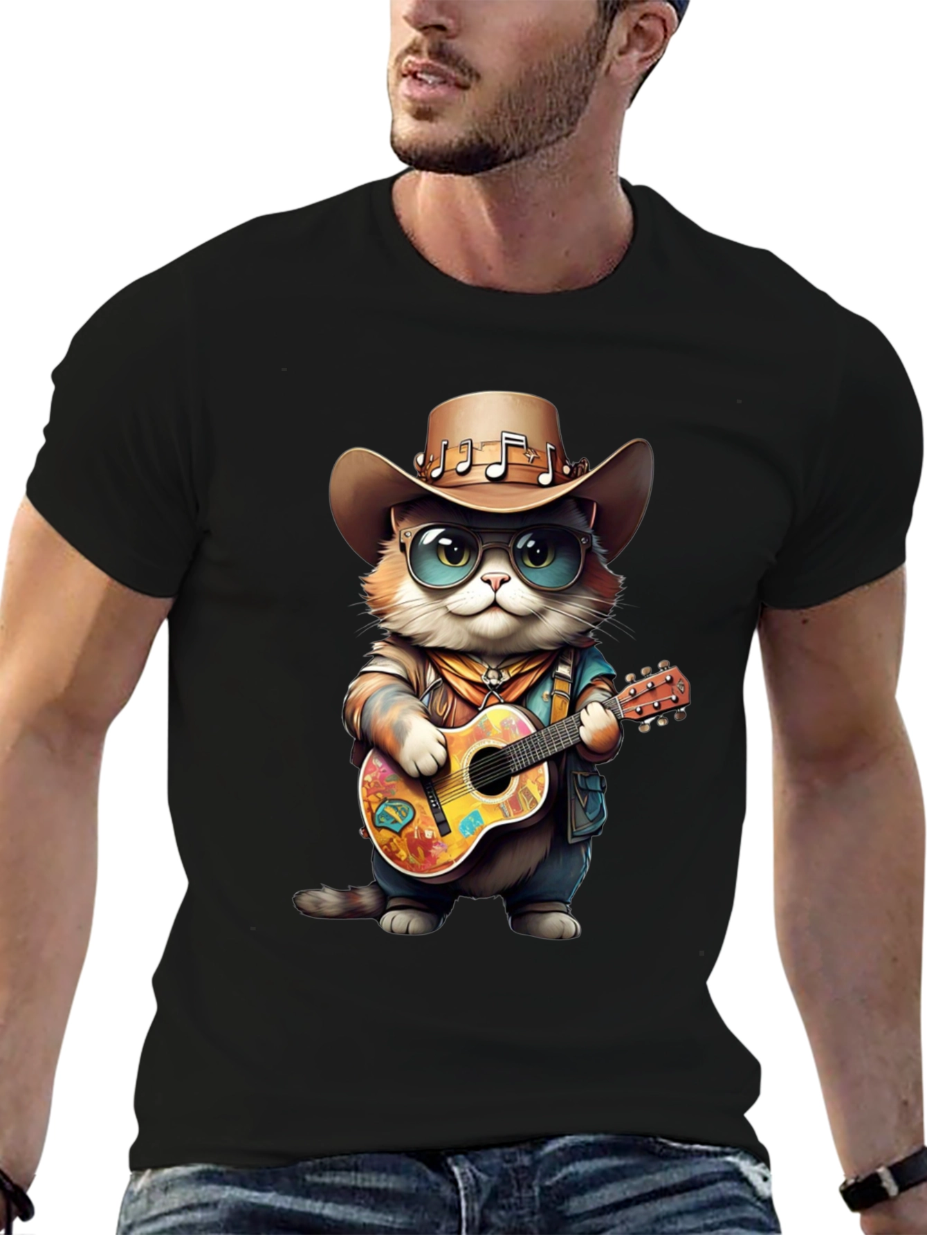 Camiseta Negra con Gato Vaquero Músico