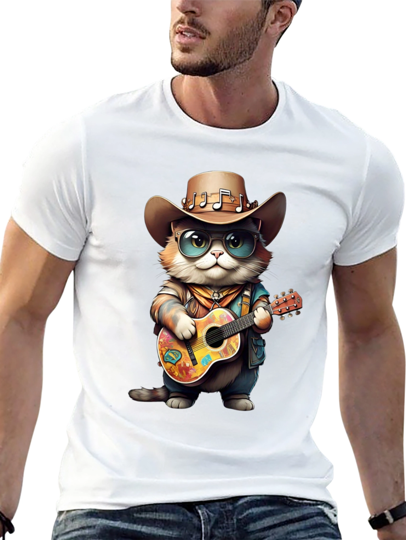 Camiseta Negra con Gato Vaquero Músico