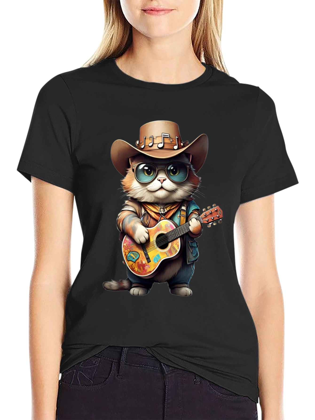 Camiseta Negra con Gato Vaquero Músico