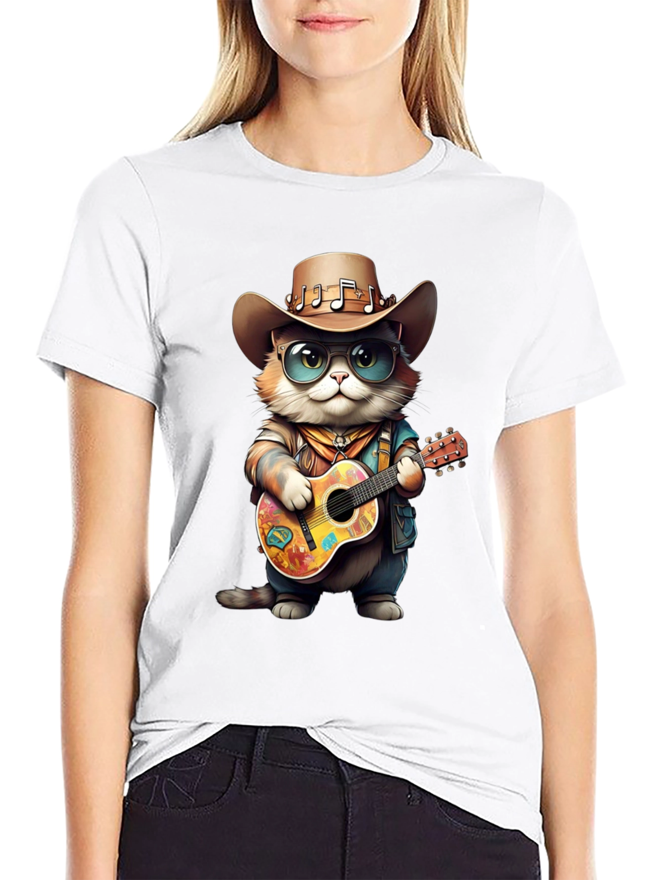 Camiseta Negra con Gato Vaquero Músico