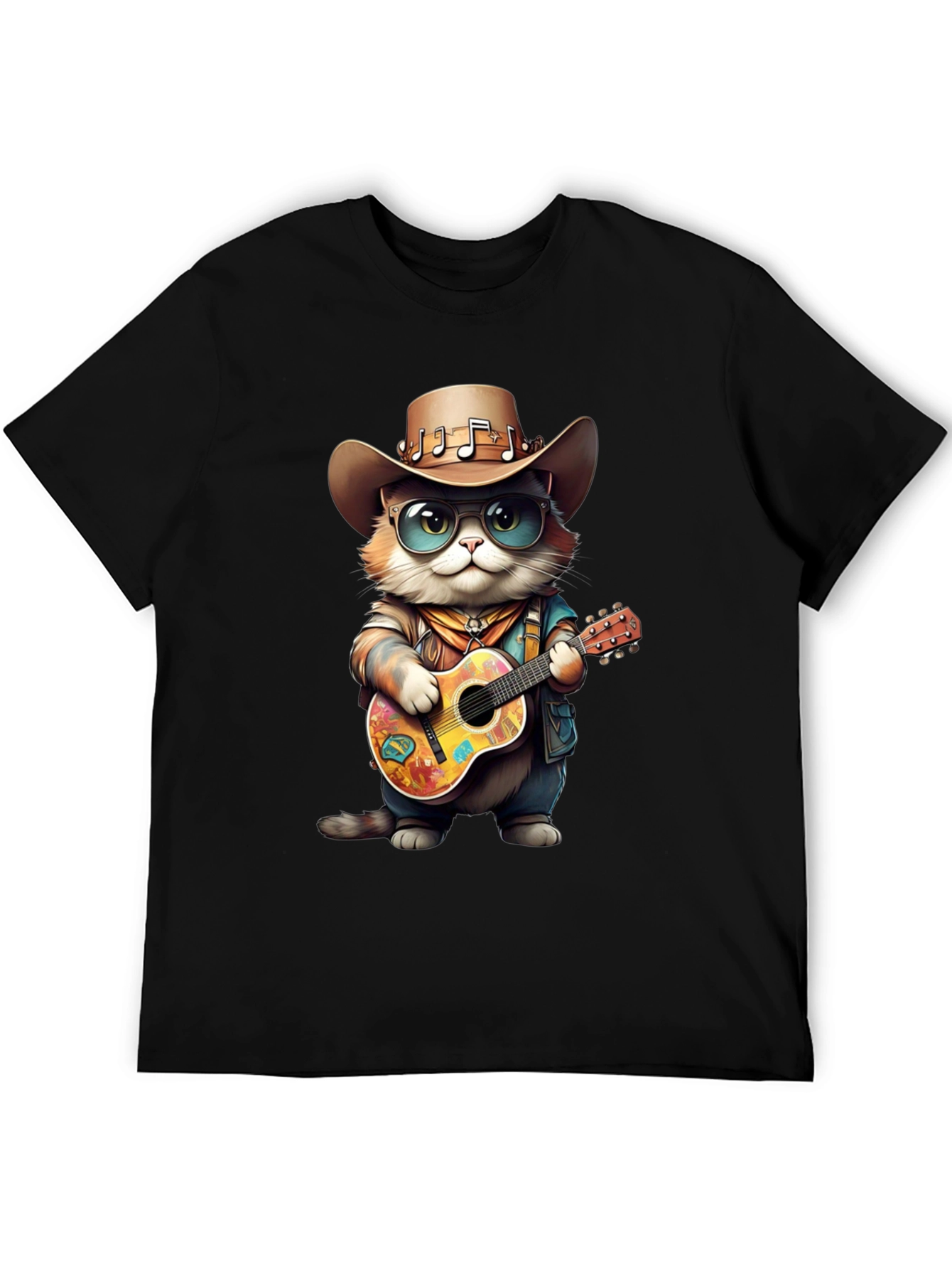 Camiseta Negra con Gato Vaquero Músico