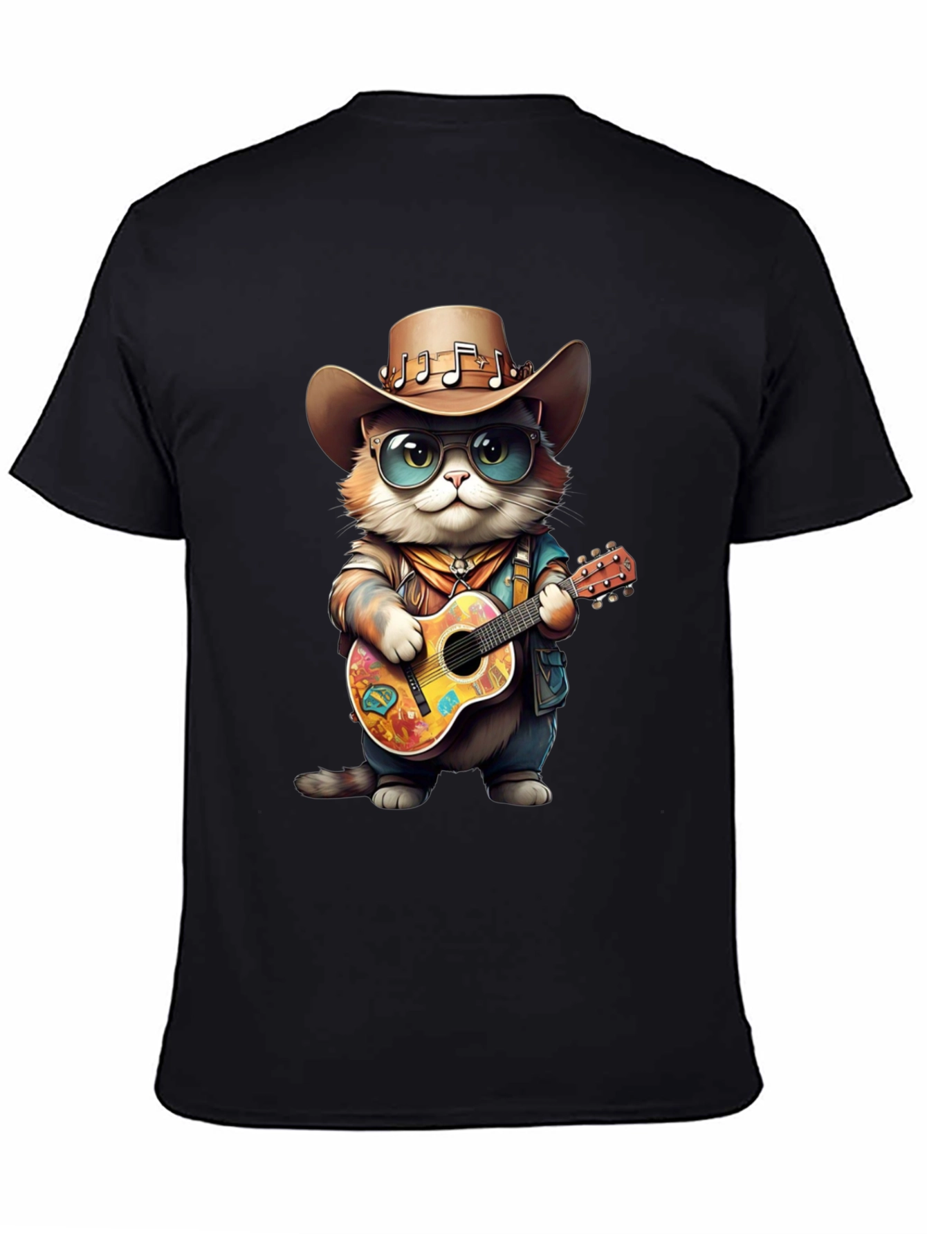 Camiseta Negra con Gato Vaquero Músico