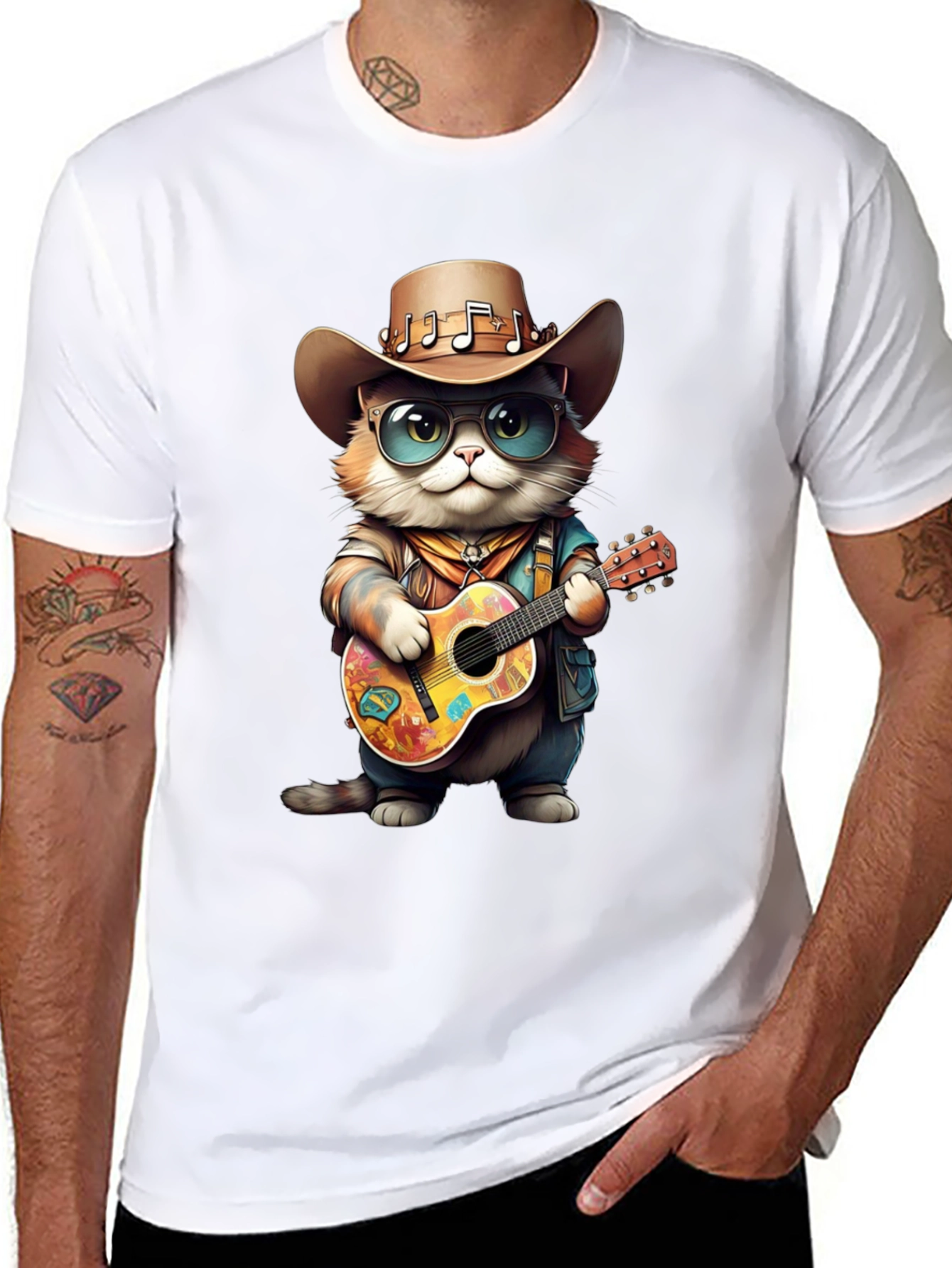 Camiseta Negra con Gato Vaquero Músico