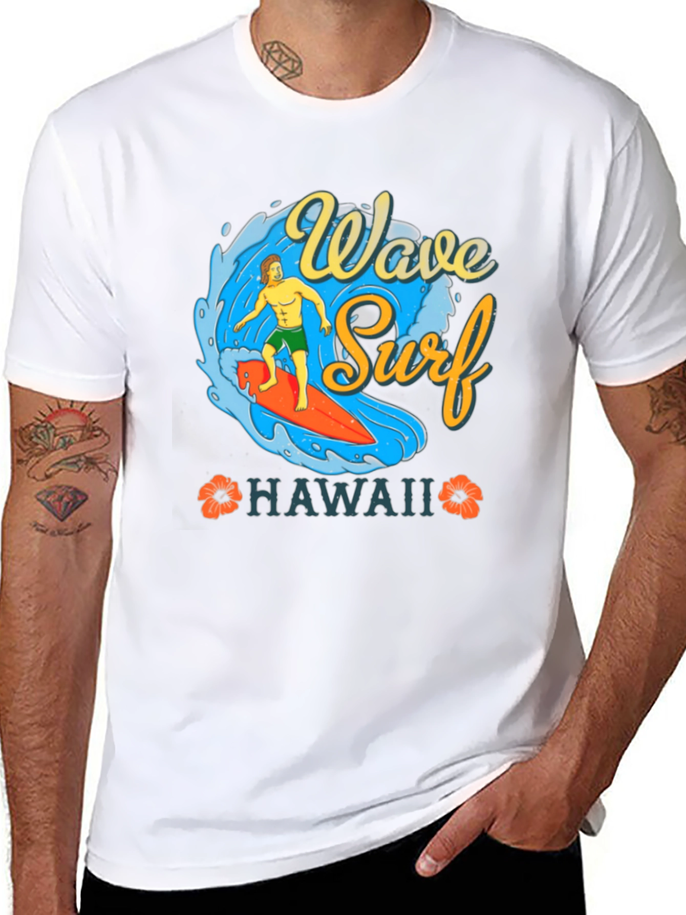 Camiseta Negra Estampada Ola Surf Hawaii
