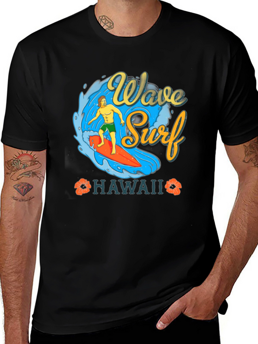 Camiseta Negra Estampada Ola Surf Hawaii