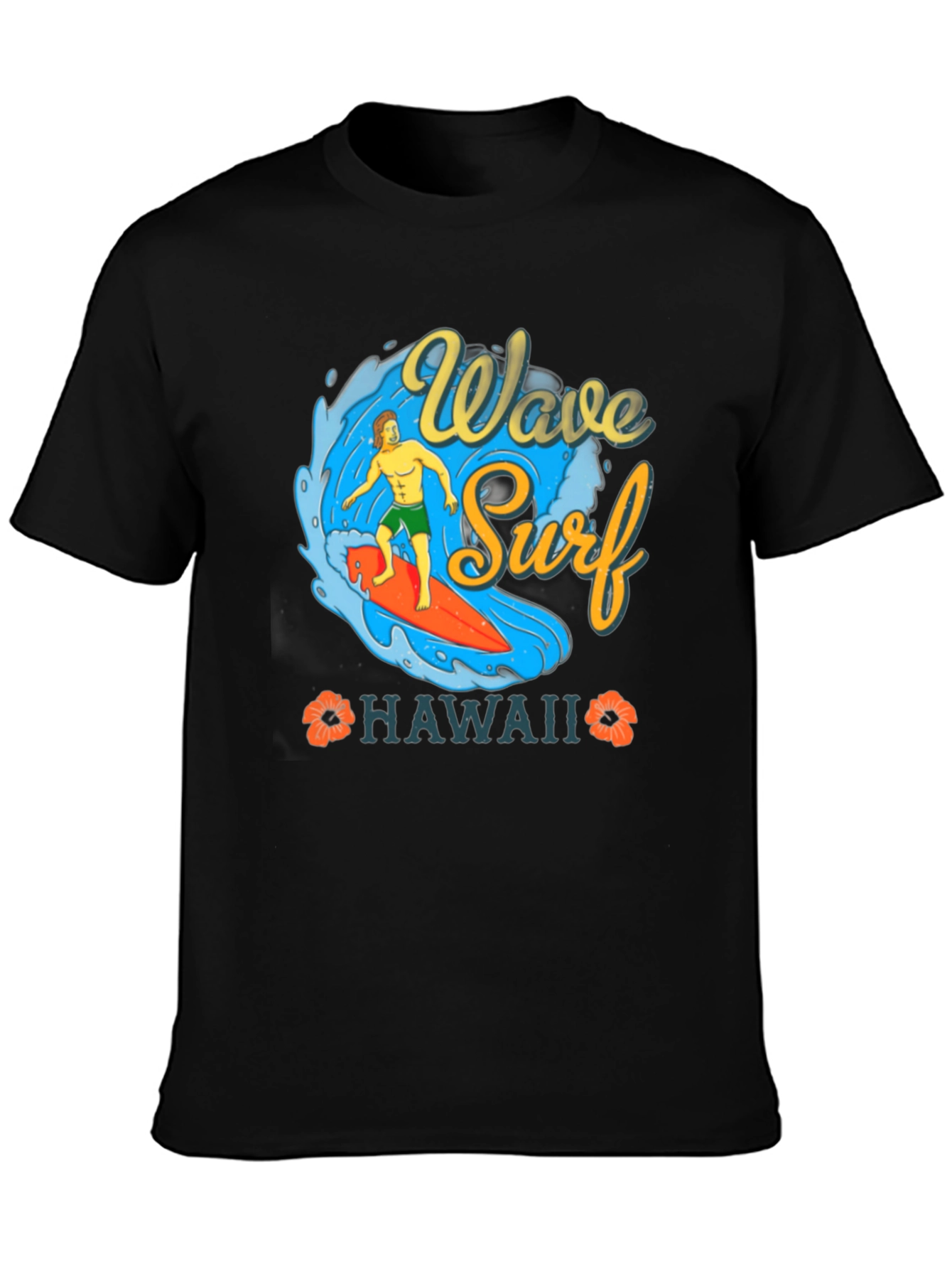 Camiseta Negra Estampada Ola Surf Hawaii