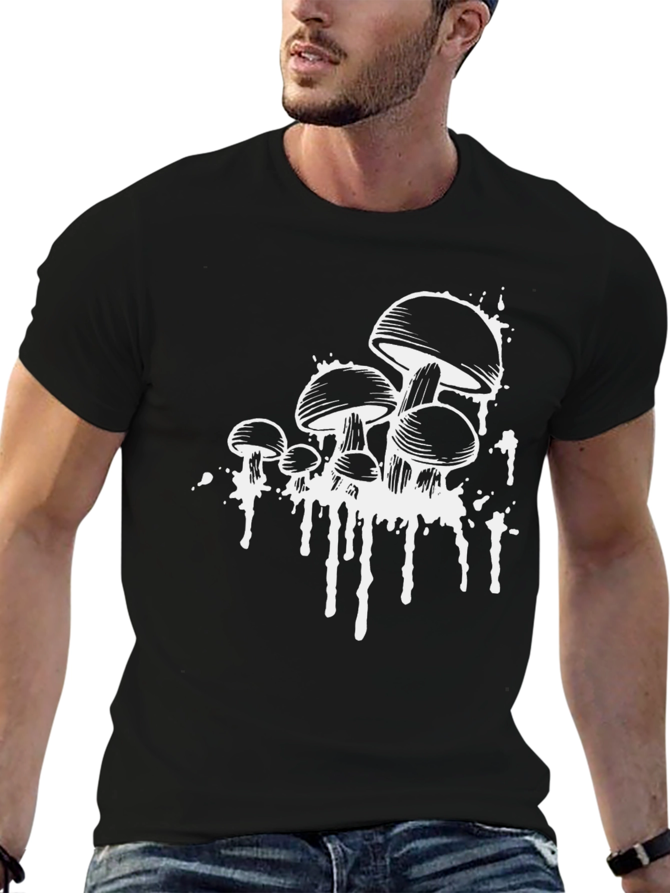 Camiseta Negra con Estampado de Hongos Abstractos