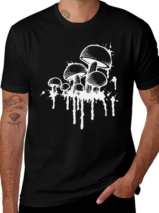 Camiseta Negra con Estampado de Hongos Abstractos