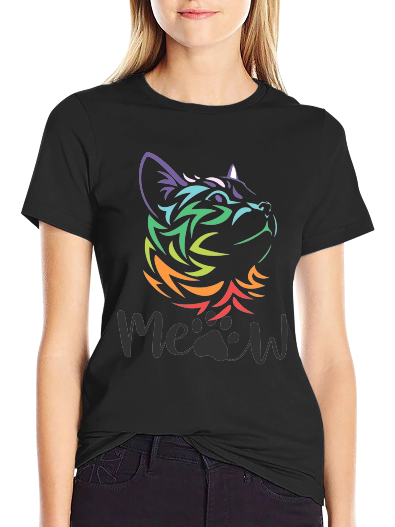 Camiseta Negra con Diseño de Gato Meow