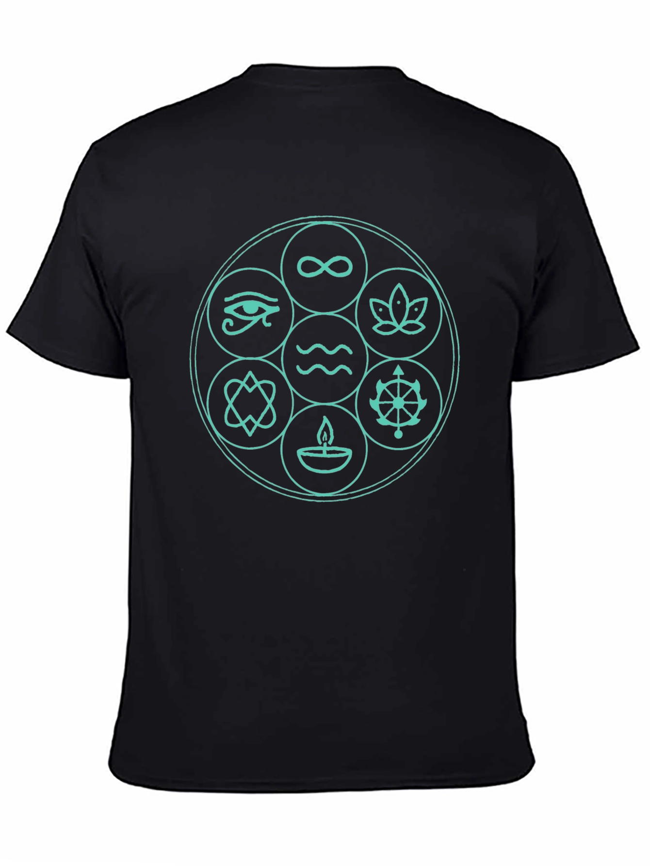 Camiseta Negra con Diseño de Símbolos Espirituales