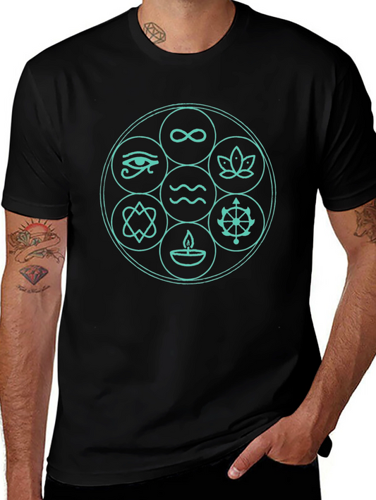Camiseta Negra con Diseño de Símbolos Espirituales