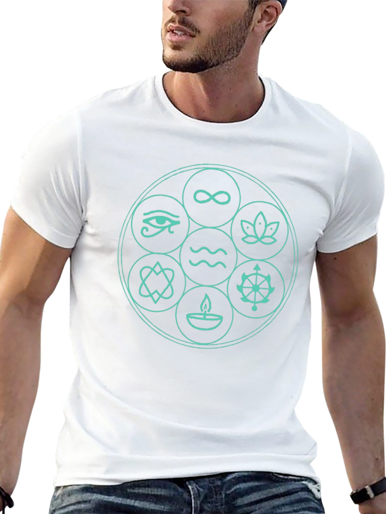 Camiseta Negra con Diseño de Símbolos Espirituales