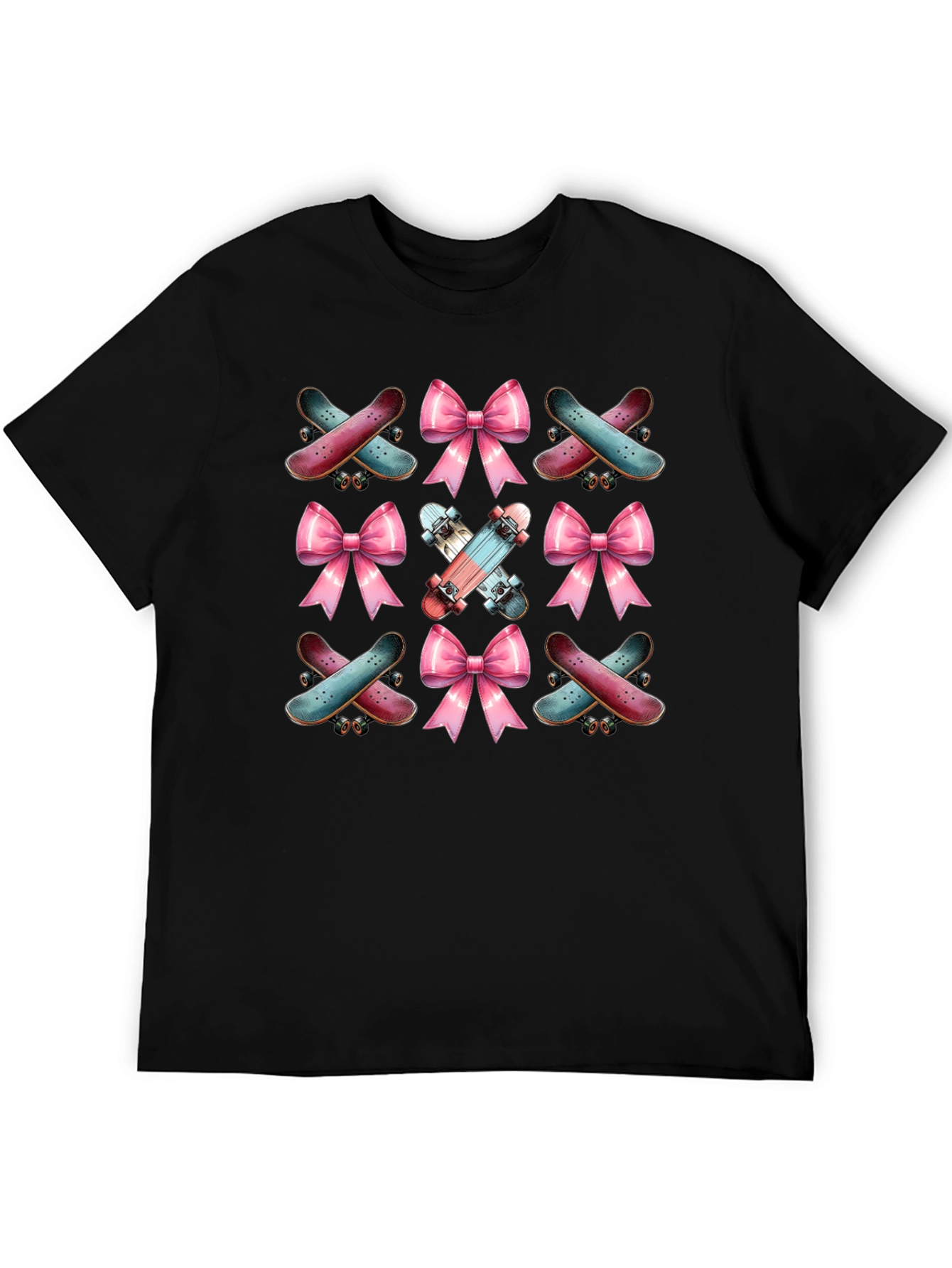 Camiseta Negra con Diseño de Patinetas y Lazos