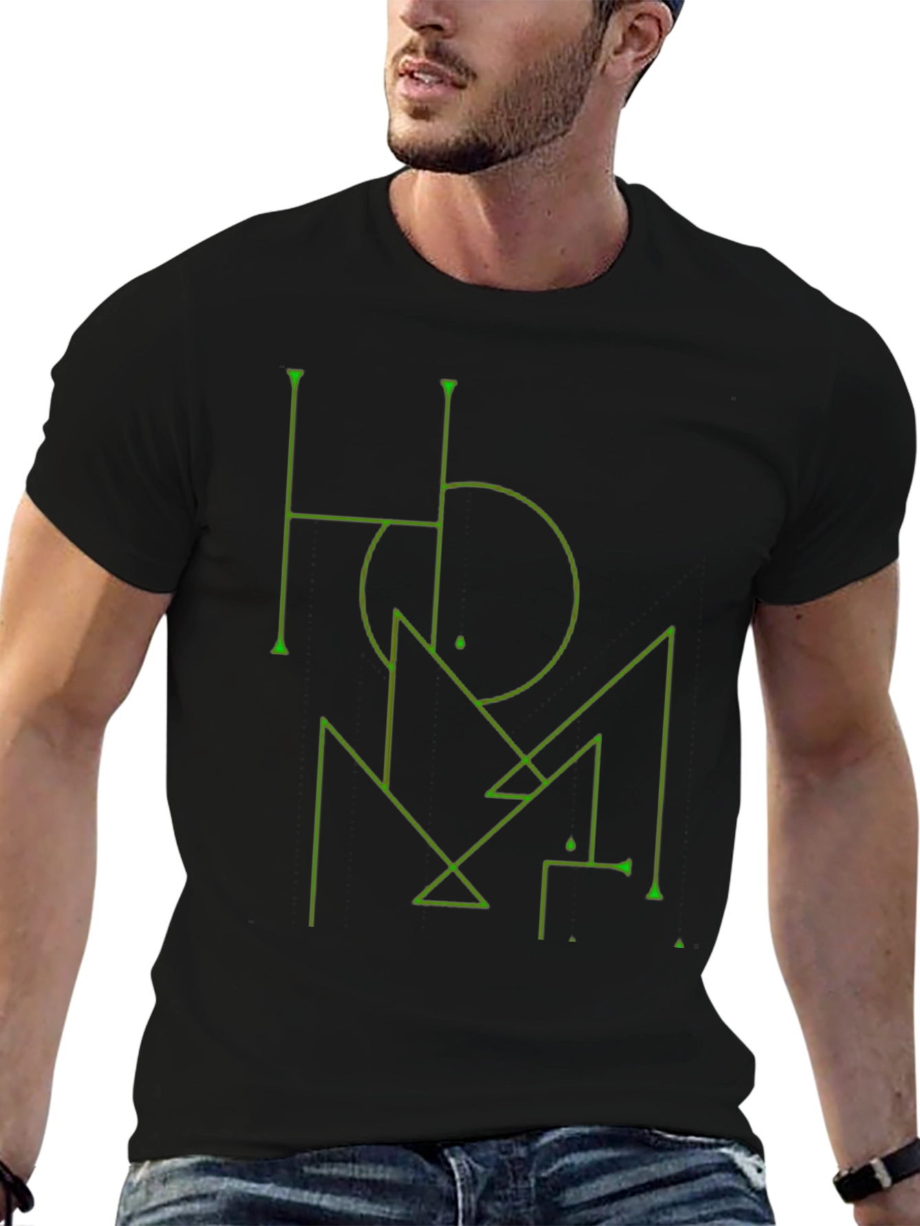 Camiseta Negra Diseño Geométrico Verde Estilo Abstracto
