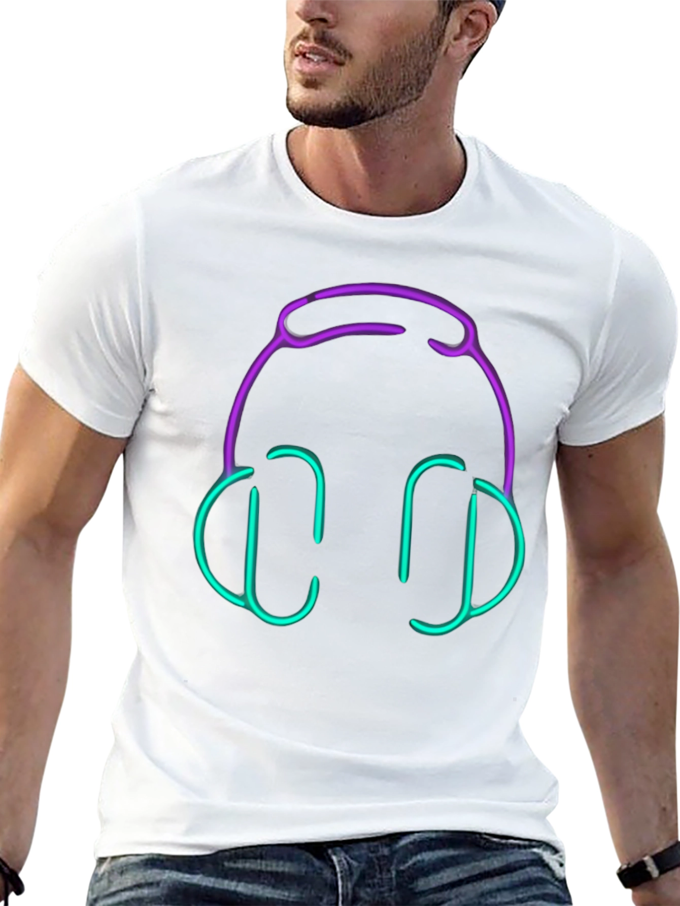 Camiseta Negra con Diseño de Auriculares Neón