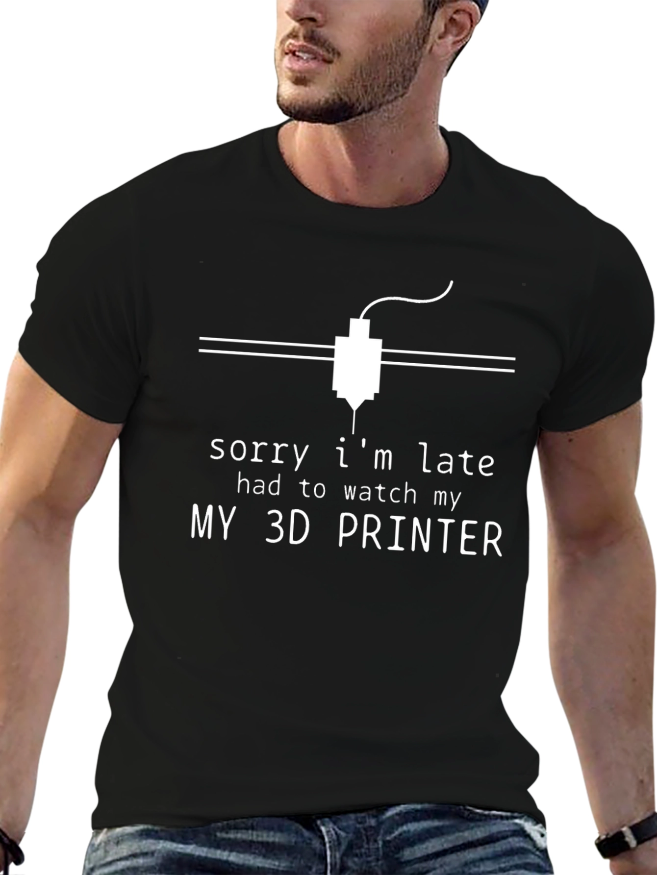 Camiseta Negra Sorry Im Late 3D Printer
