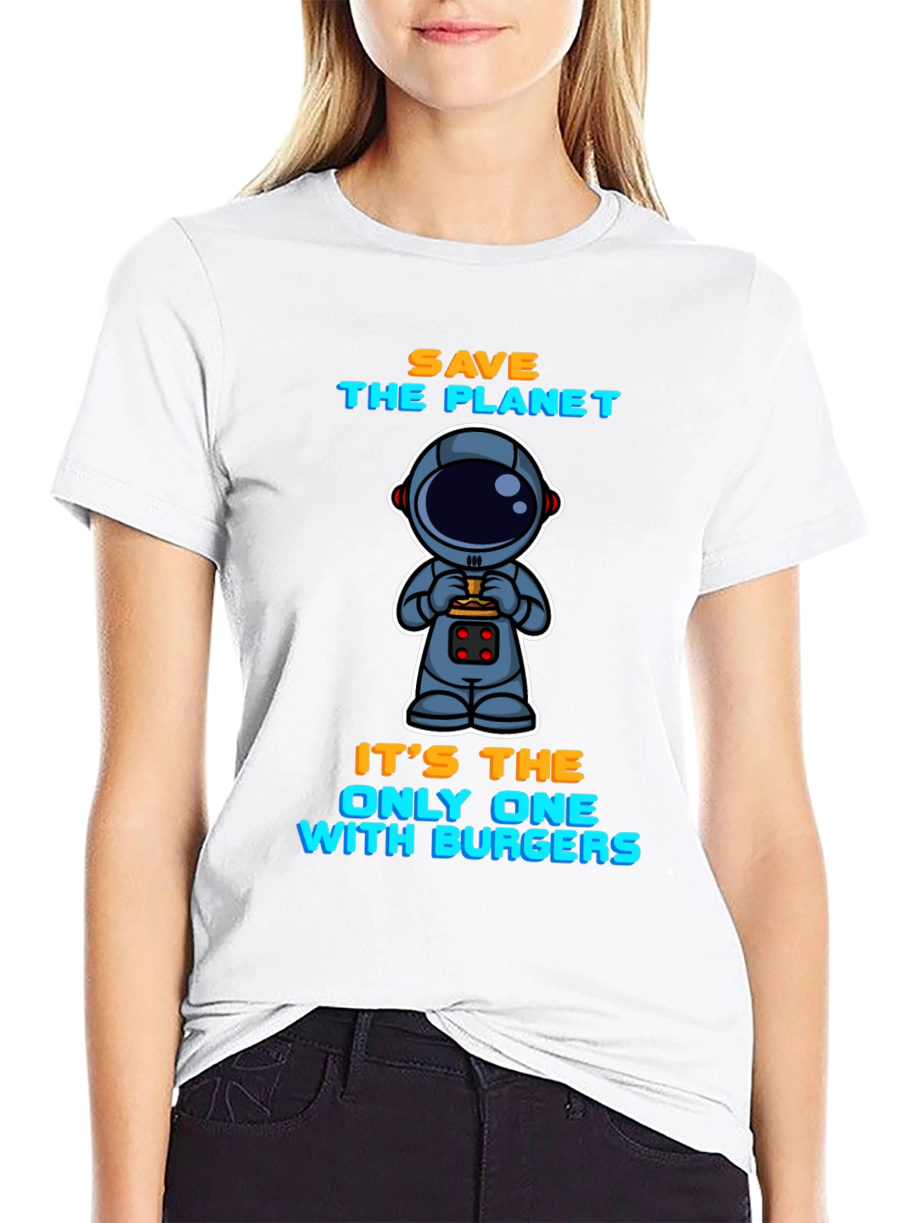 Camiseta Negra: Astronauta y Hamburguesas - Salva el Planeta