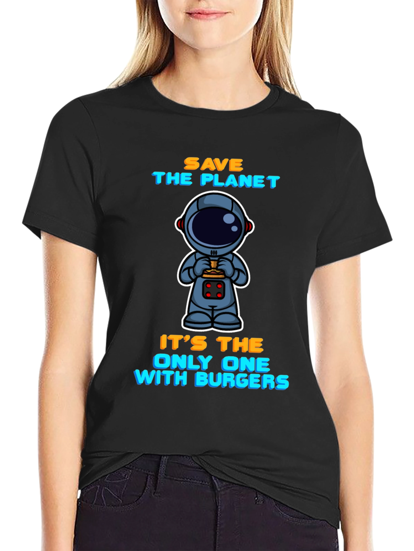 Camiseta Negra: Astronauta y Hamburguesas - Salva el Planeta
