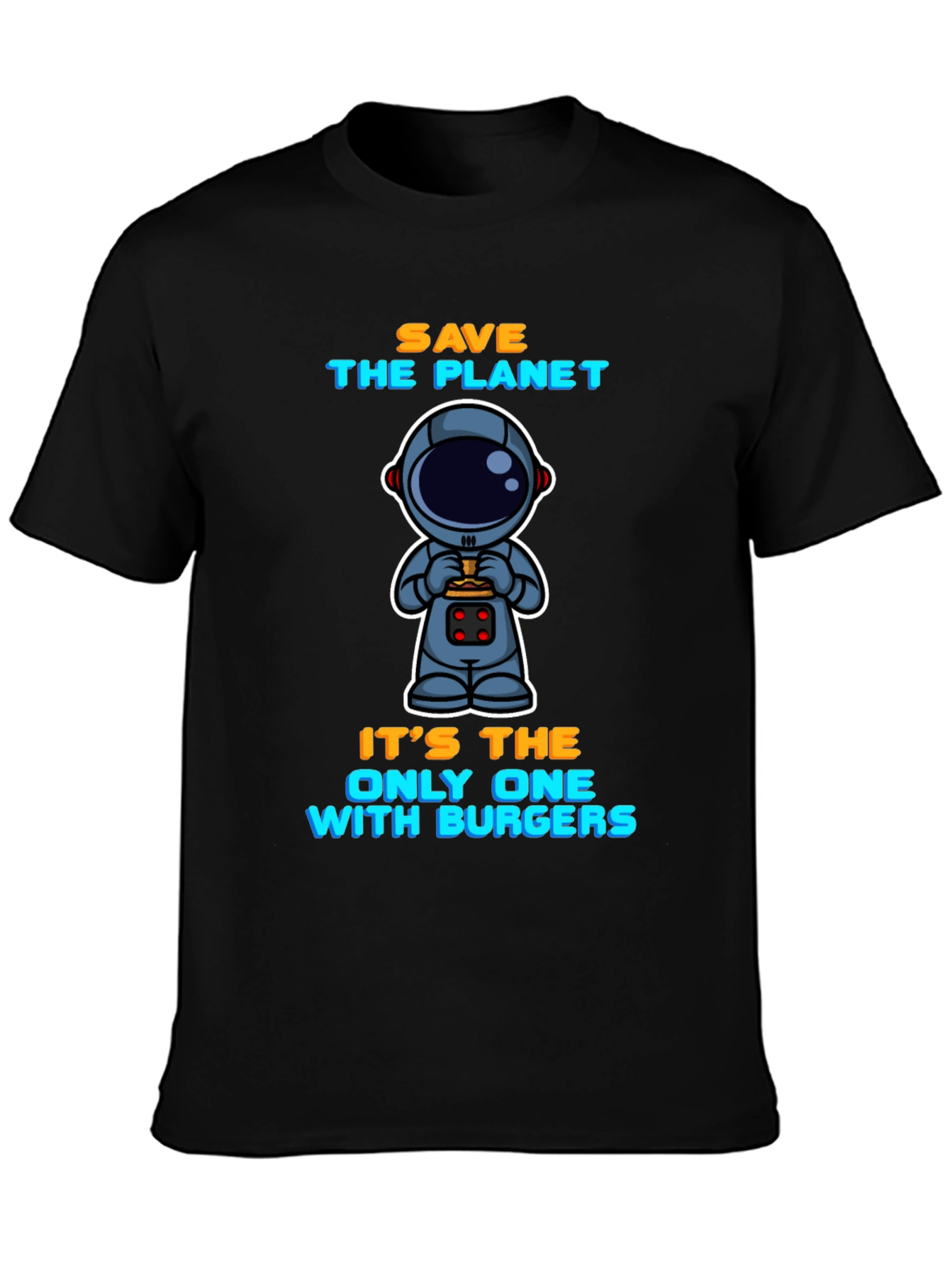 Camiseta Negra: Astronauta y Hamburguesas - Salva el Planeta